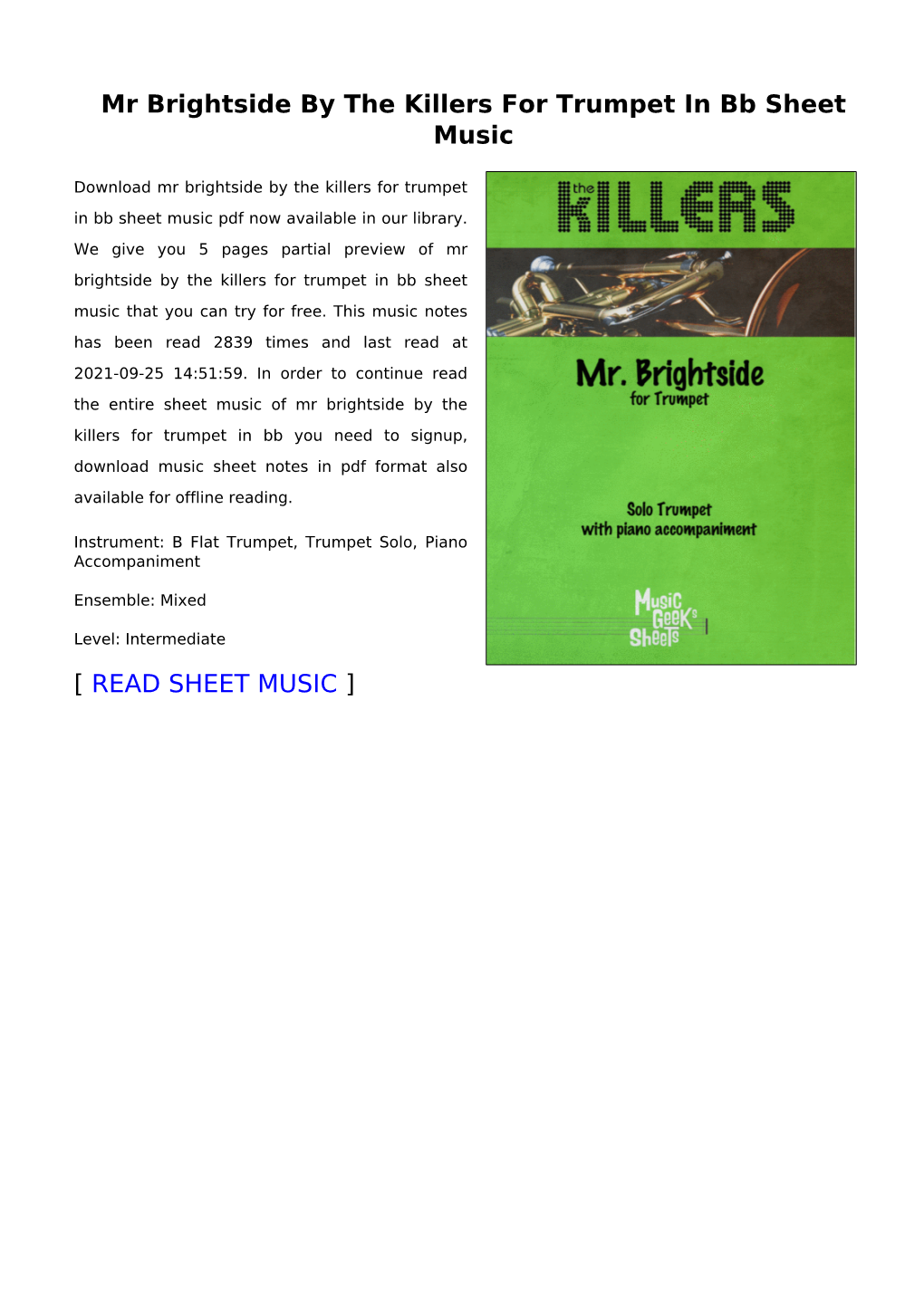 Sheet Music of Mr Brightside by the Killers for Trumpet in Bb You Need to Signup, Download Music Sheet Notes in Pdf Format Also Available for Offline Reading