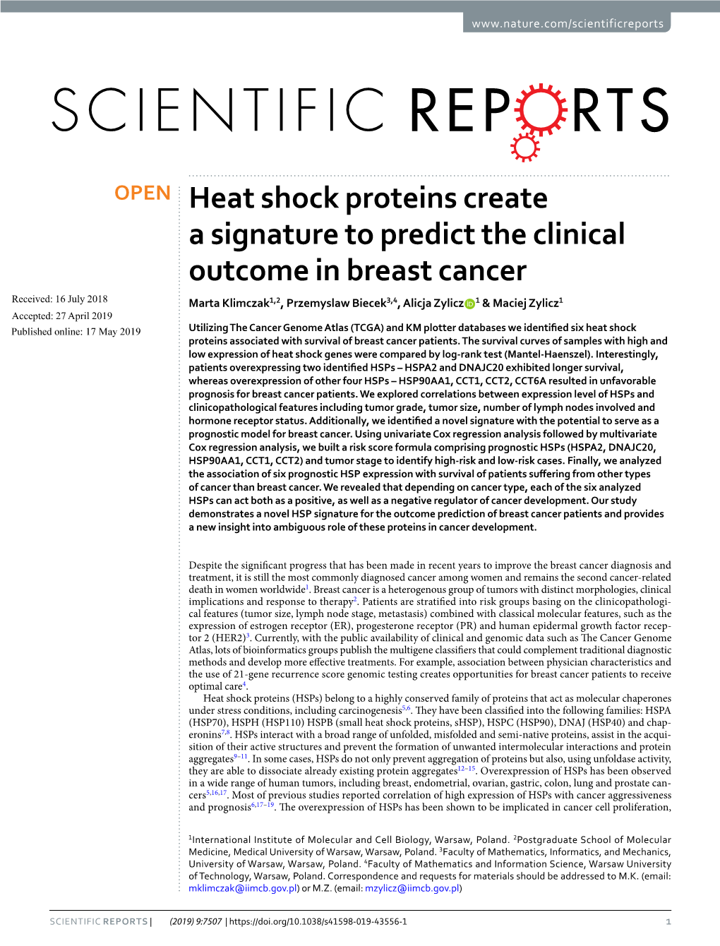 Heat Shock Proteins Create a Signature to Predict the Clinical Outcome In