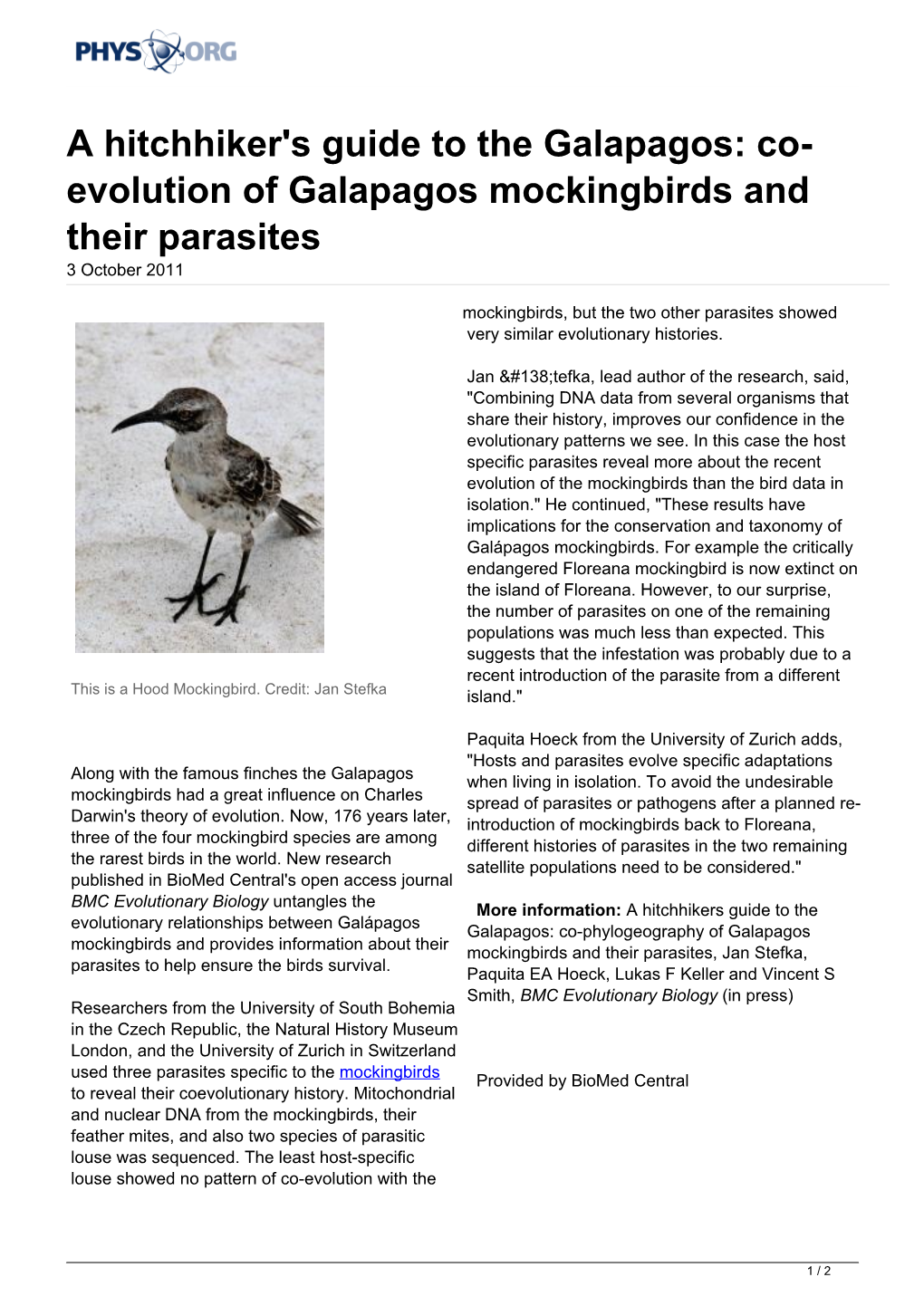 Evolution of Galapagos Mockingbirds and Their Parasites 3 October 2011