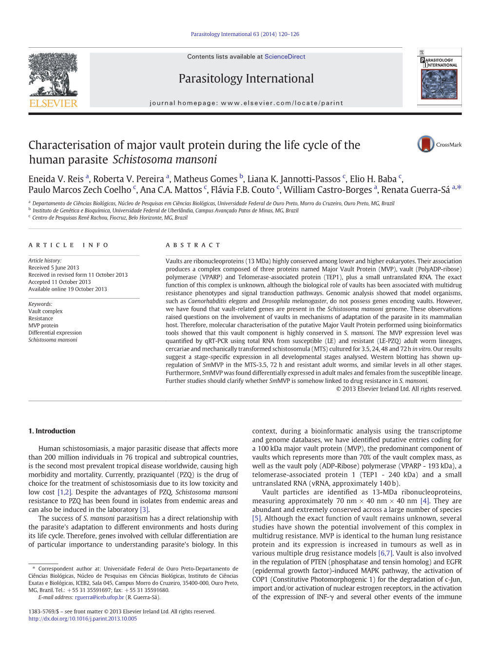 Characterisation of Major Vault Protein During the Life Cycle of the Human Parasite Schistosoma Mansoni