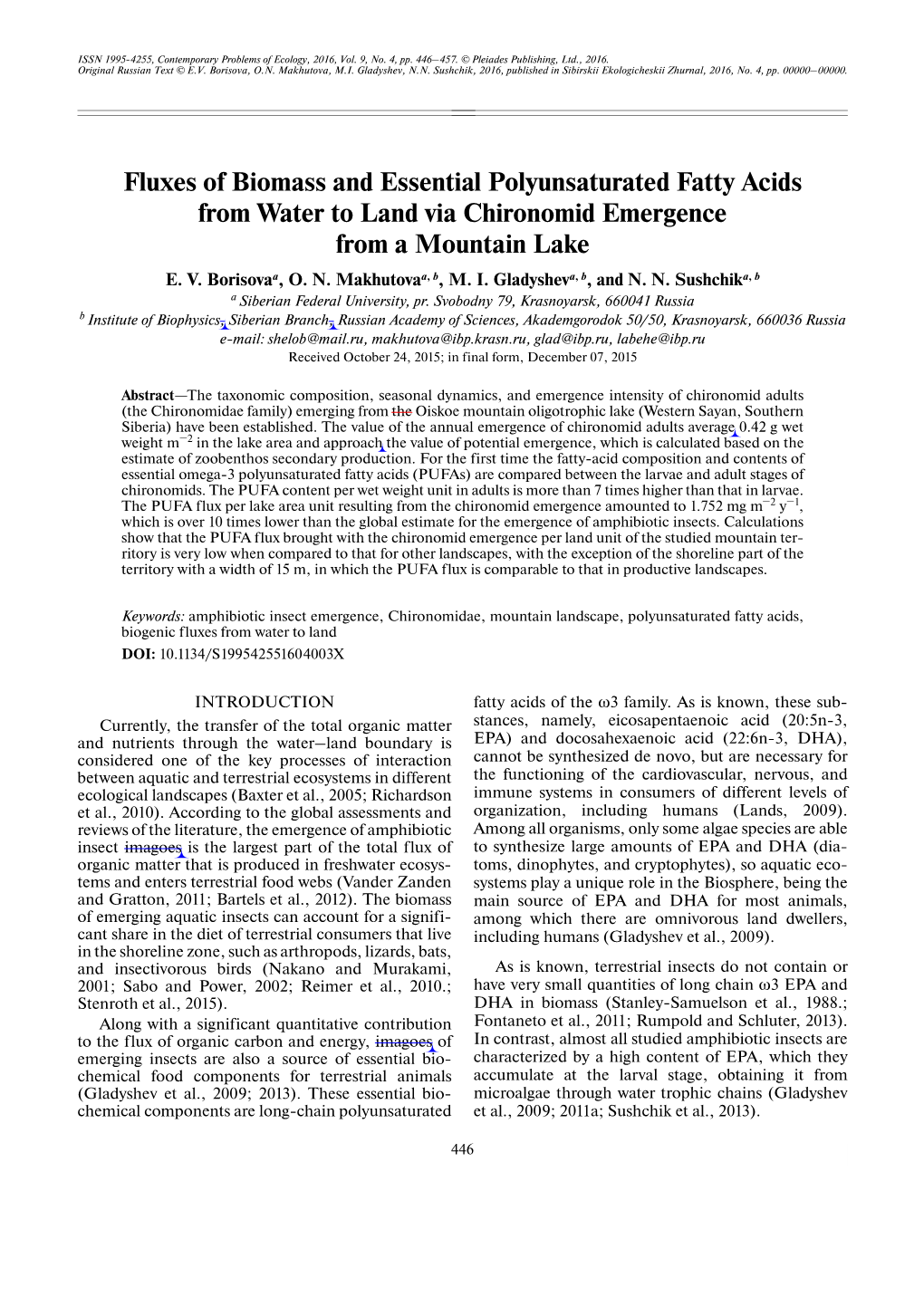 Fluxes of Biomass and Essential Polyunsaturated Fatty Acids from Water to Land Via Chironomid Emergence from a Mountain Lake E