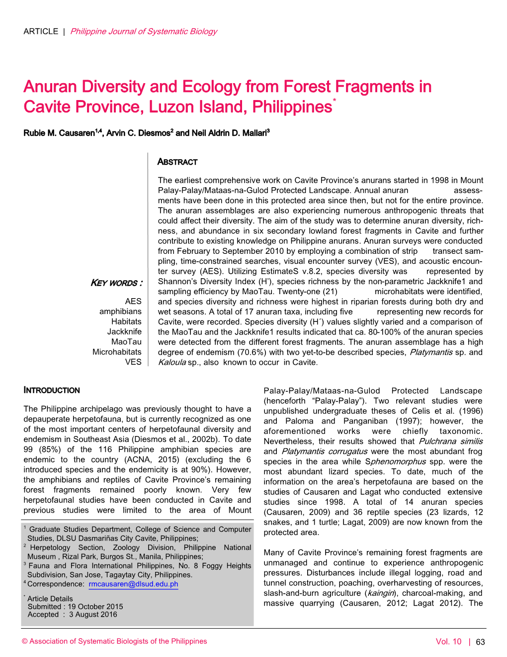Anuran Diversity and Ecology from Forest Fragments in Cavite Province, Luzon Island, Philippines*