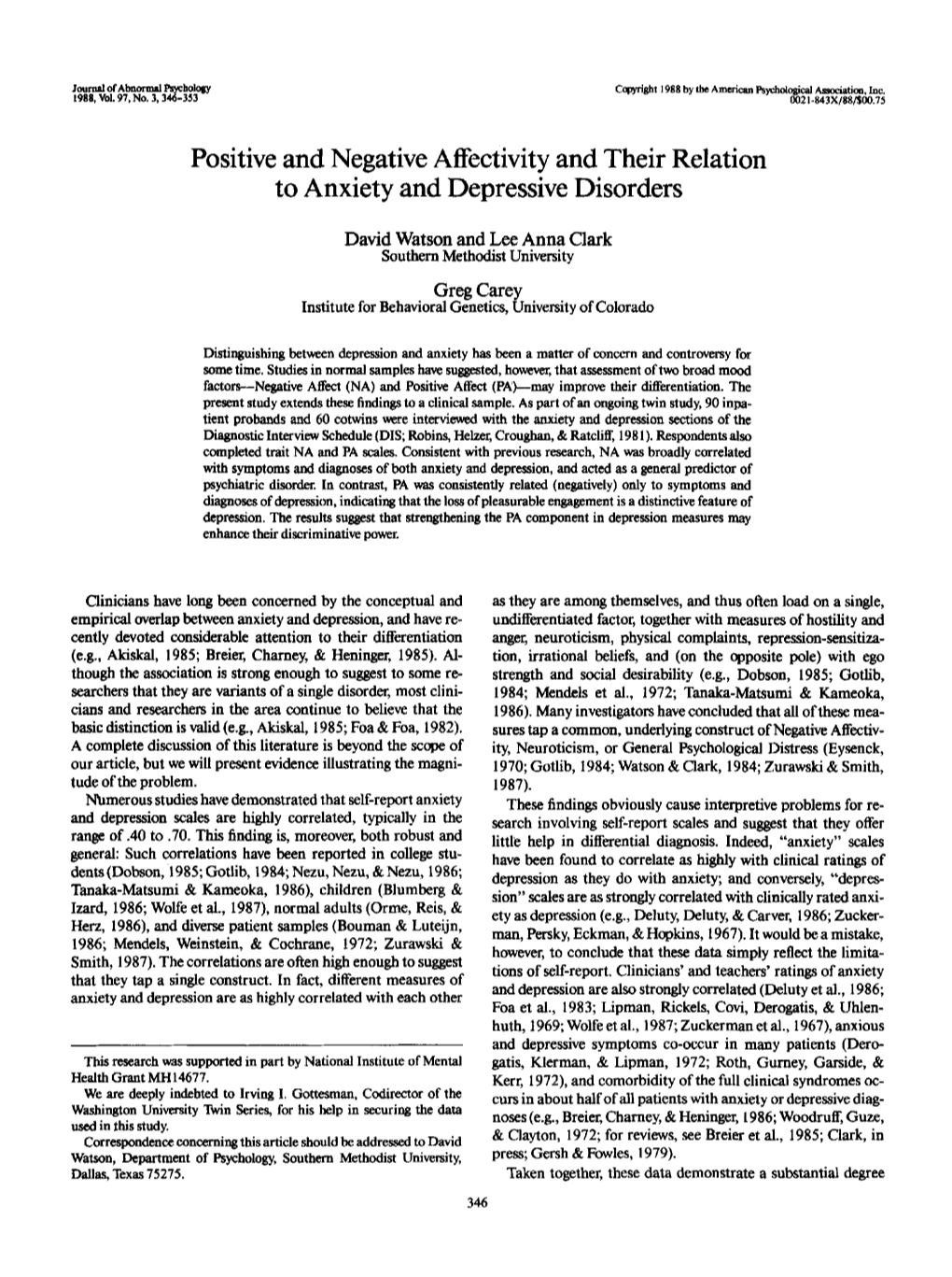 Positive and Negative Affectivity and Their Relation to Anxiety and Depressive Disorders