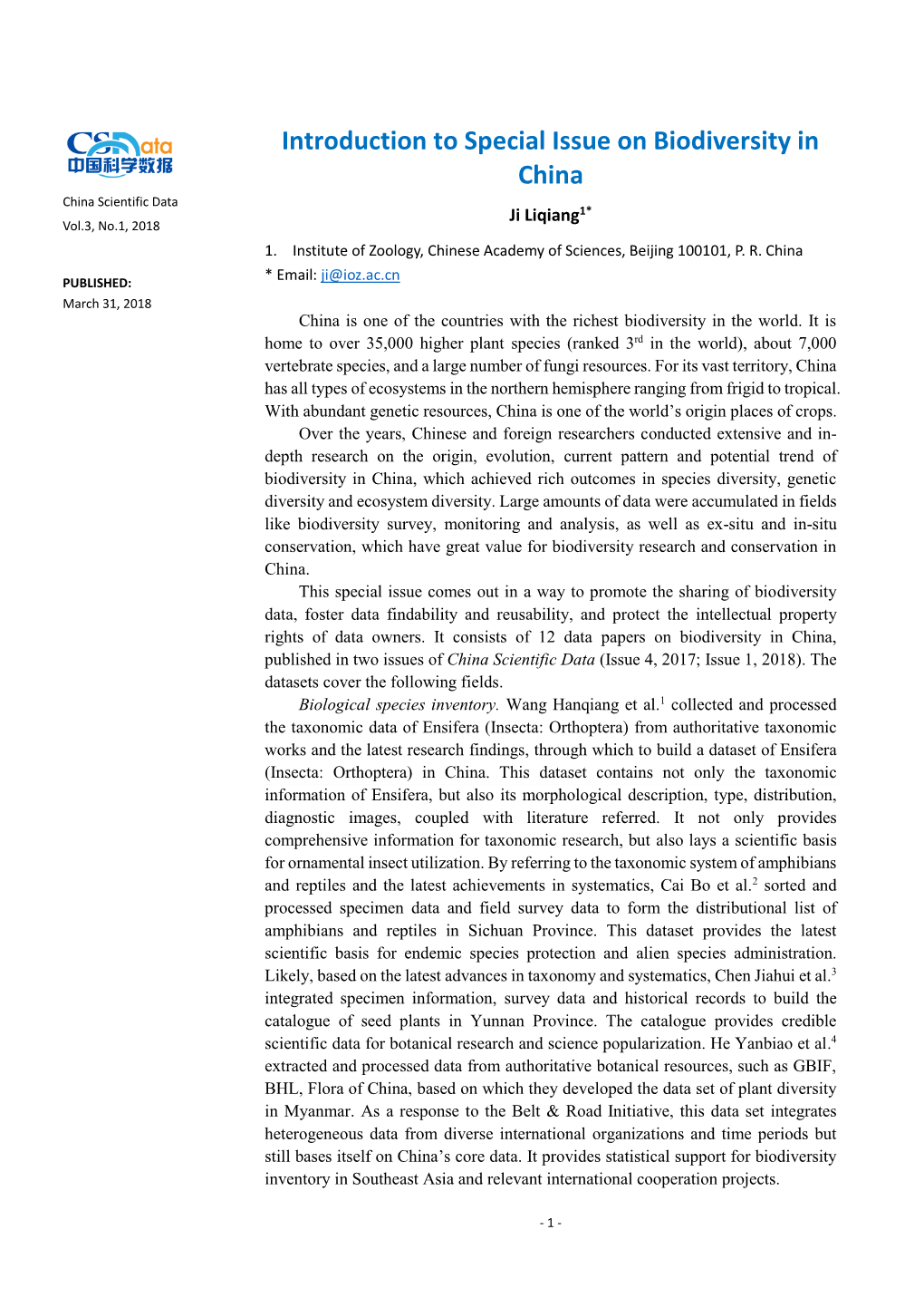 Introduction to Special Issue on Biodiversity in China