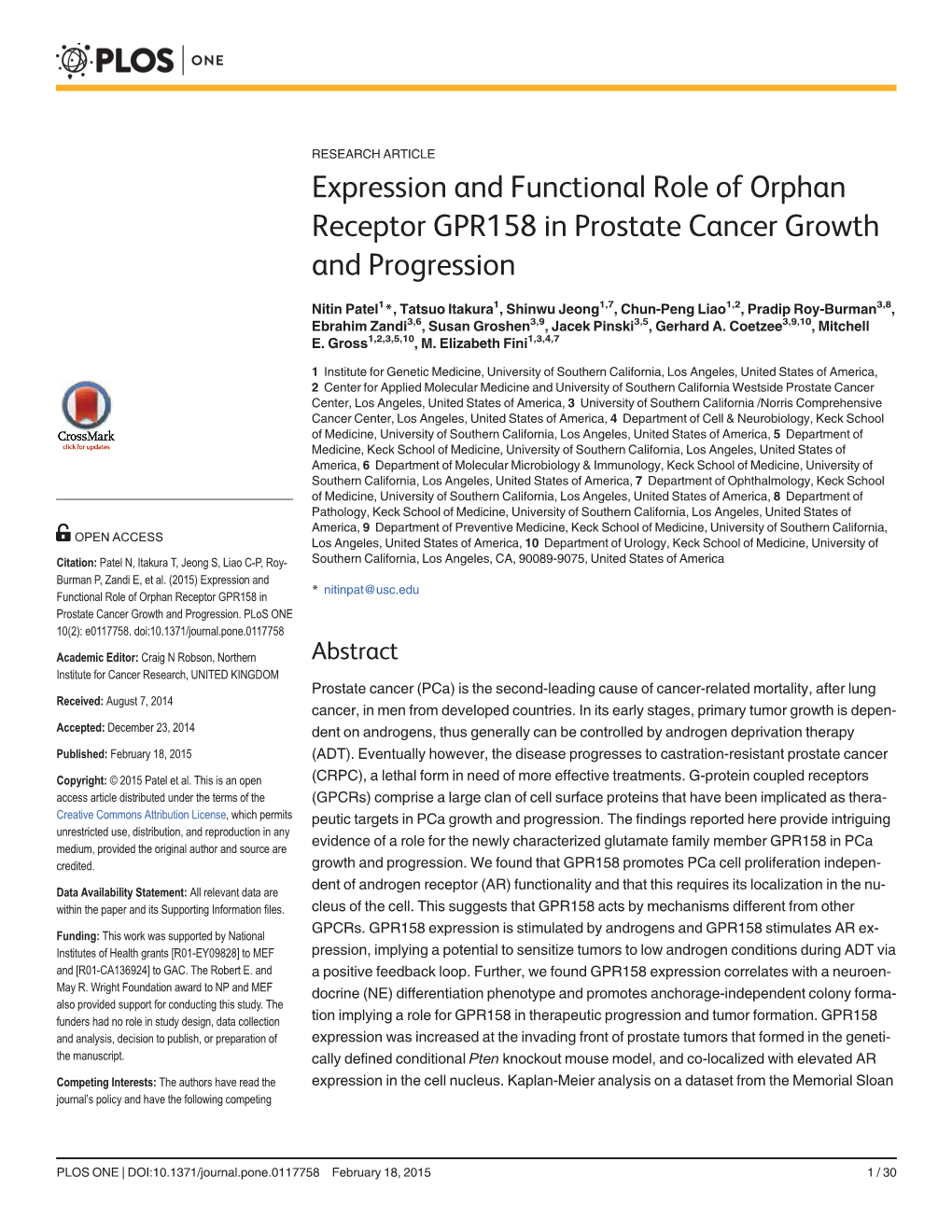 Expression and Functional Role of Orphan Receptor GPR158 in Prostate Cancer Growth and Progression