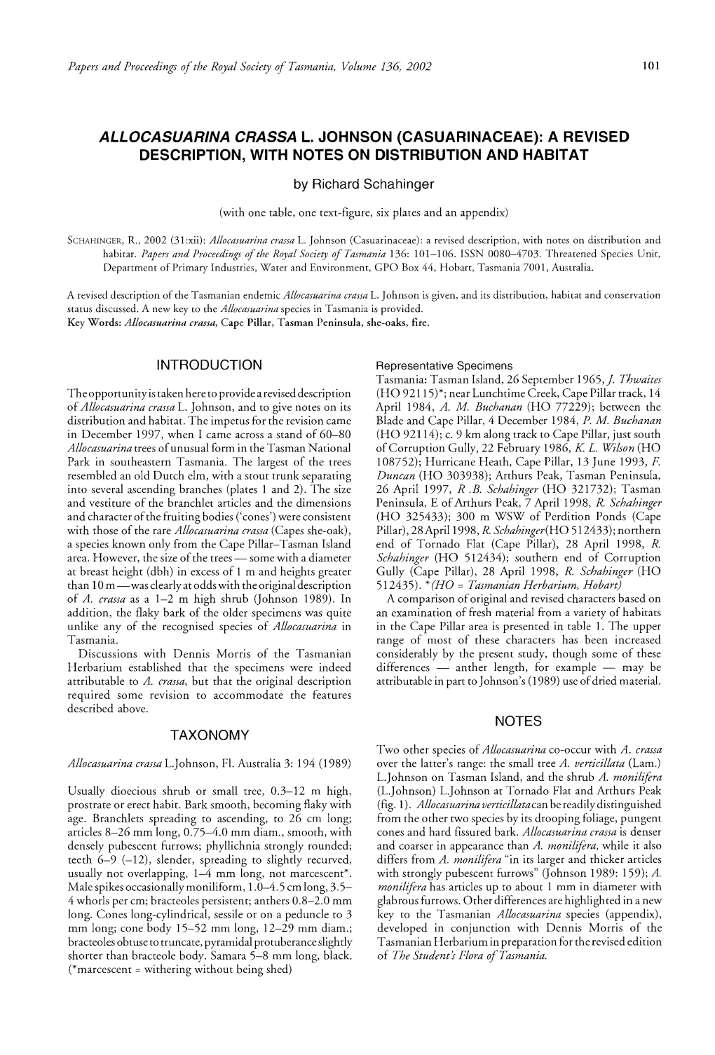 Allocasuarina Crassa Johnson (Casuarinaceae): a Revised Description, with Notes on Distribution and Habitat