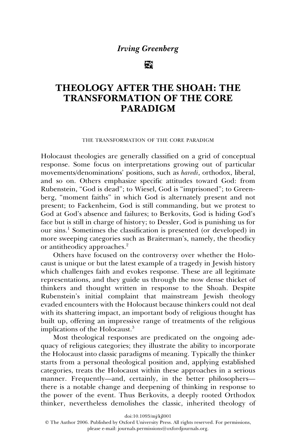 Theology After the Shoah: the Transformation of the Core Paradigm