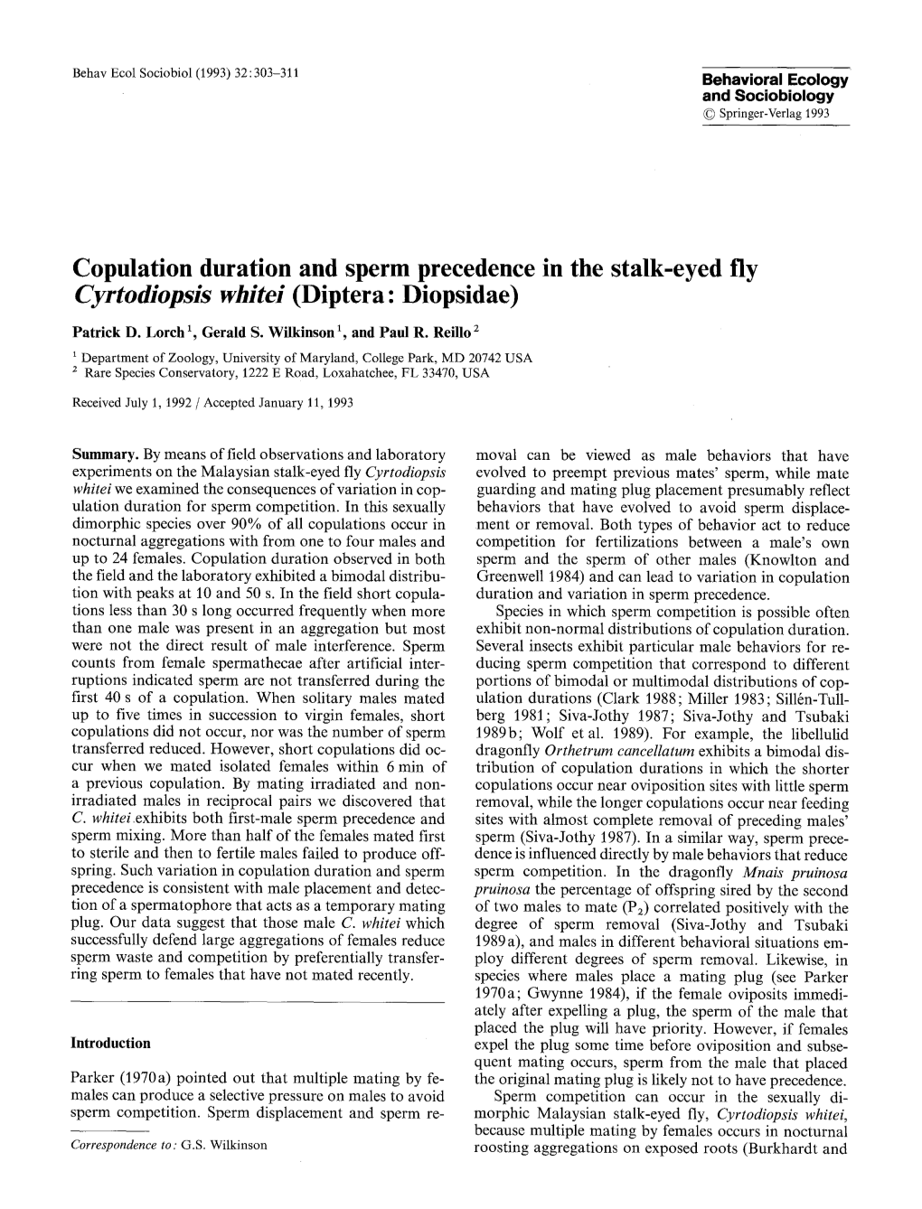 Copulation Duration and Sperm Precedence in the Stalk-Eyed Fly Cyrtodiopsis Whitei (Diptera: Diopsidae)