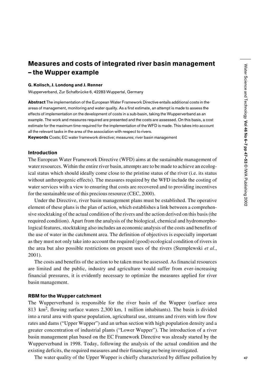 Measures and Costs of Integrated River Basin Management – the Wupper