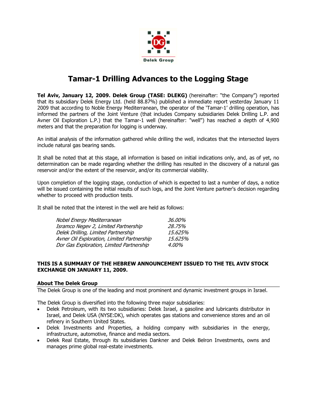 Tamar-1 Drilling Advances to the Logging Stage