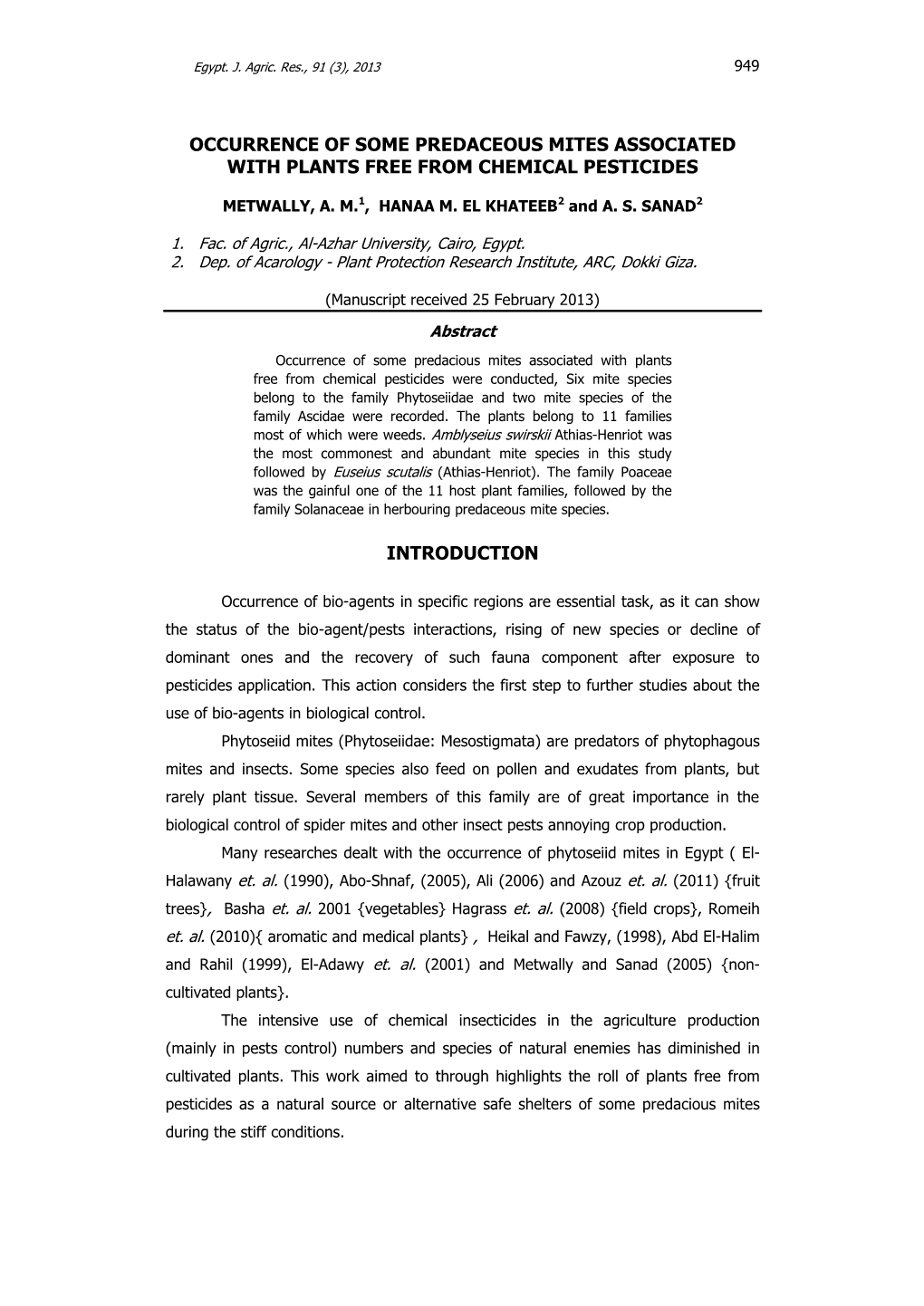 Occurrence of Some Predaceous Mites Associated with Plants Free from Chemical Pesticides