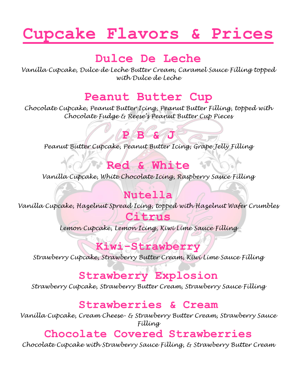 Cupcake Flavors & Prices