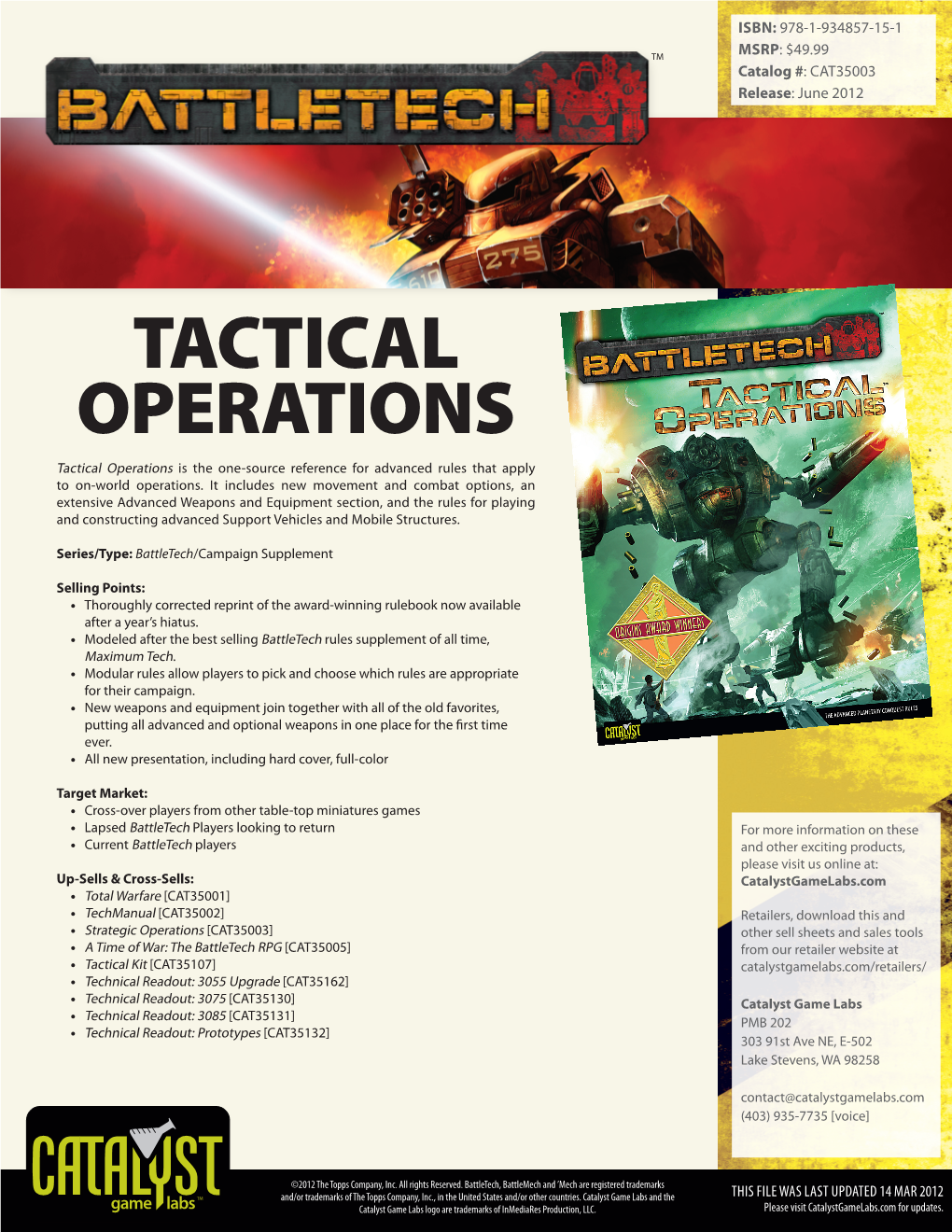 TACTICAL OPERATIONS Tactical Operations Is the One-Source Reference for Advanced Rules That Apply to On-World Operations