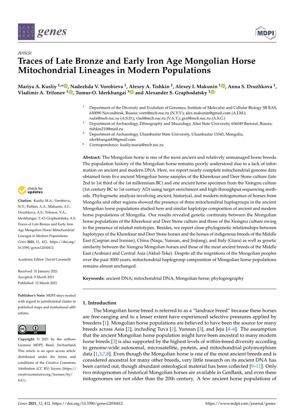 Traces of Late Bronze and Early Iron Age Mongolian Horse Mitochondrial Lineages in Modern Populations