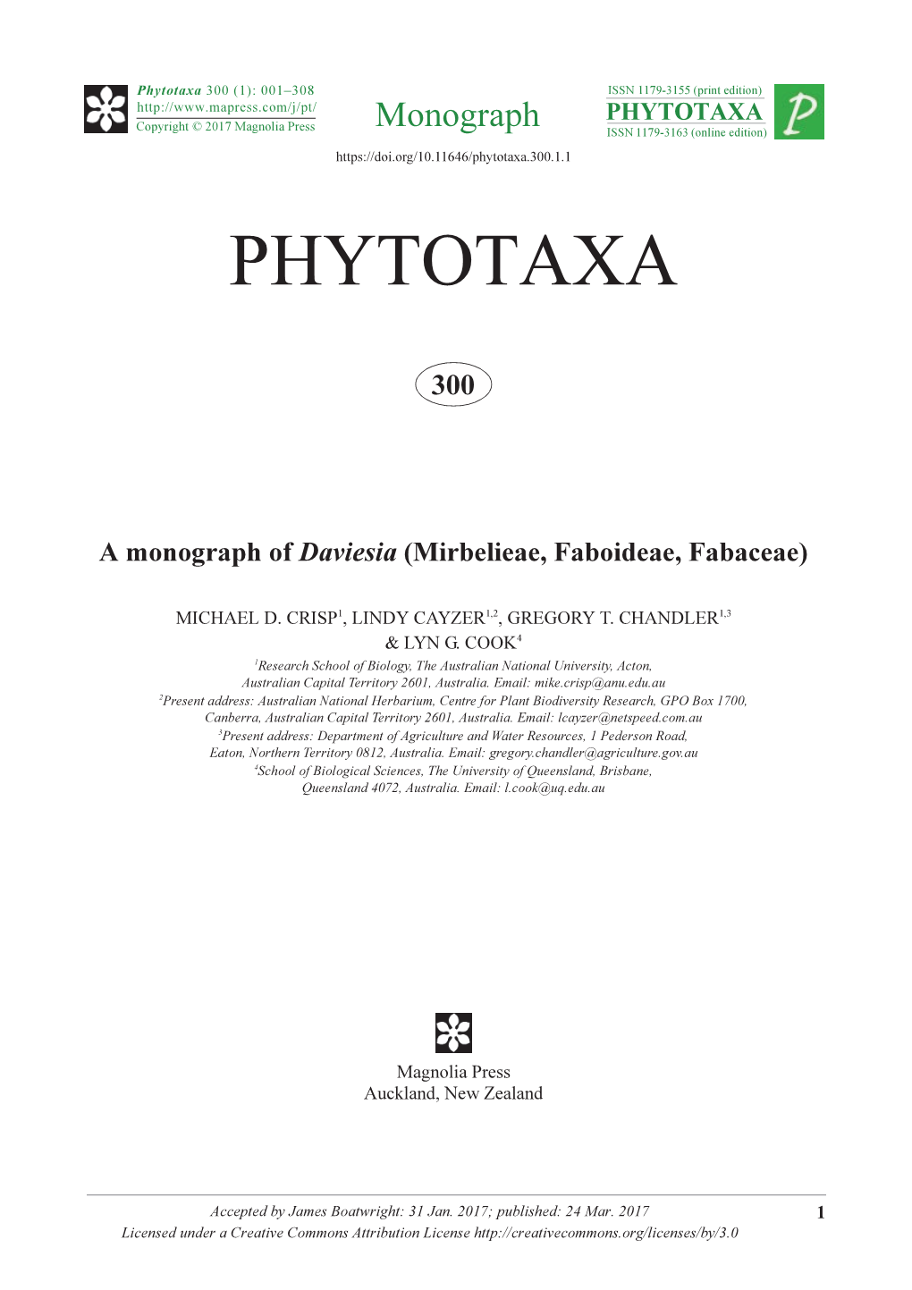 A Monograph of Daviesia (Mirbelieae, Faboideae, Fabaceae)