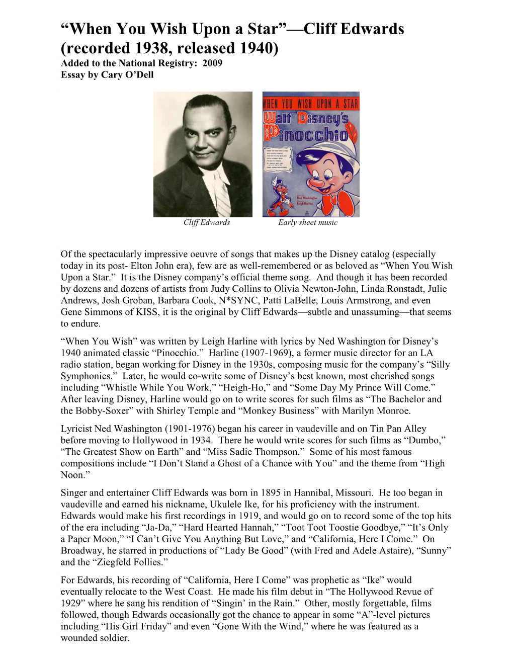 “When You Wish Upon a Star”—Cliff Edwards (Recorded 1938, Released 1940) Added to the National Registry: 2009 Essay by Cary O’Dell