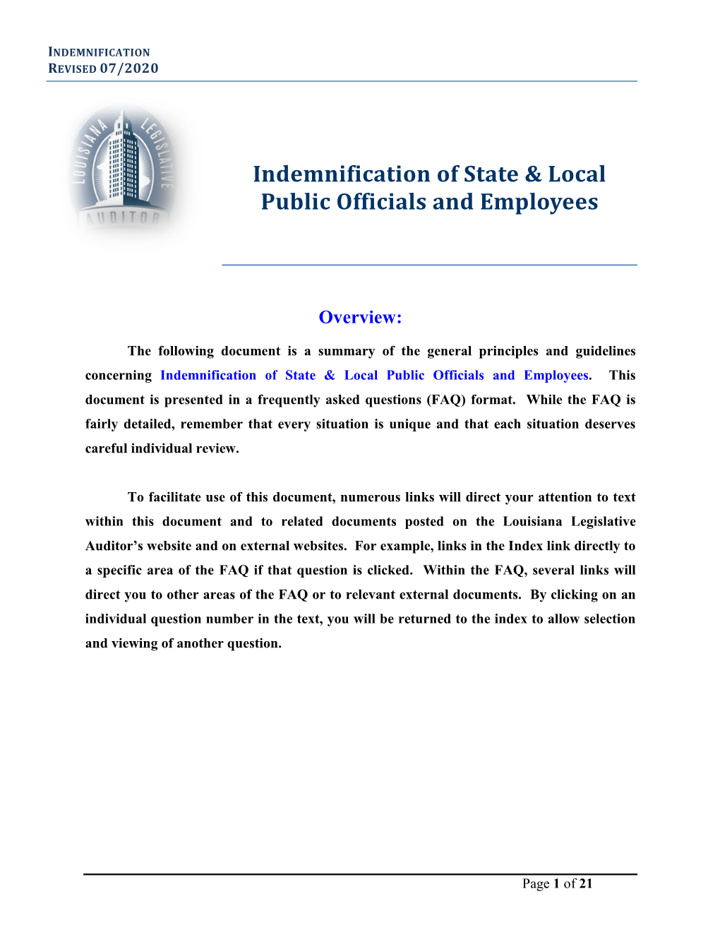 Indemnification of State & Local Public Officials and Employees