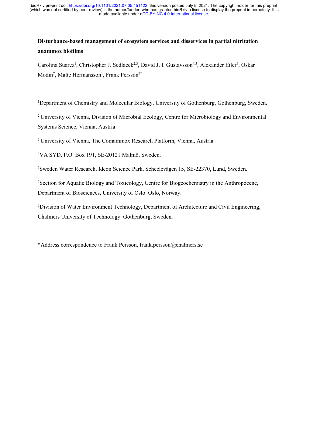 Disturbance-Based Management of Ecosystem Services and Disservices in Partial Nitritation Anammox Biofilms