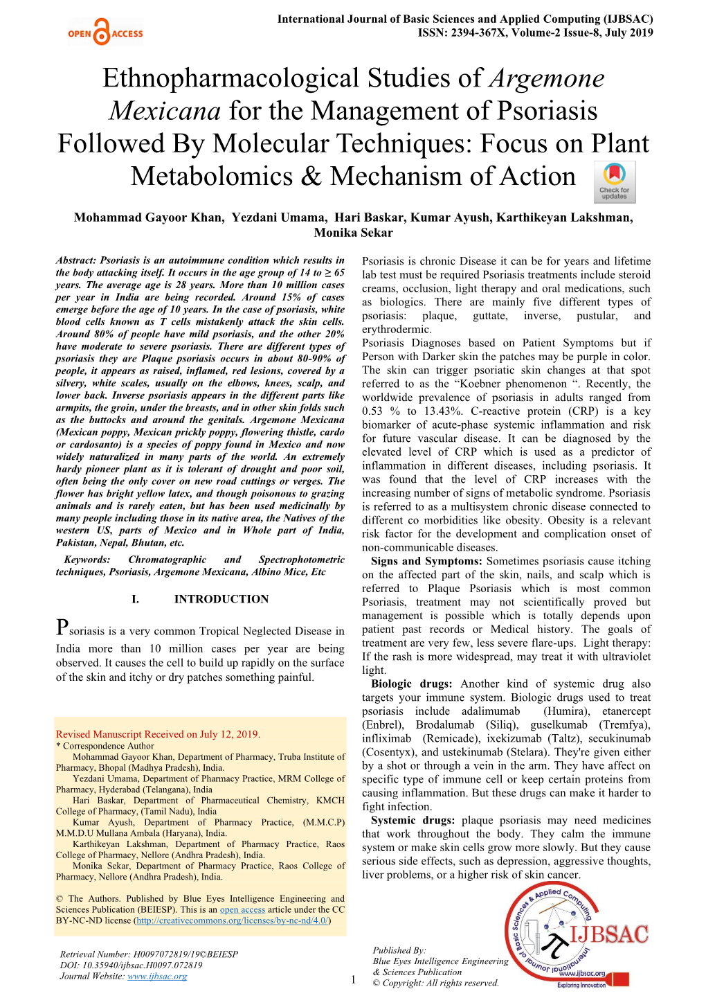 Argemone Mexicana for the Management of Psoriasis Followed by Molecular Techniques: Focus on Plant Metabolomics & Mechanism of Action