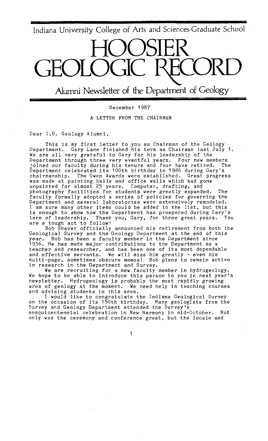 HOOSIER GEOLOGIC CORD Alumni Newsletter of the Deparlment of Geology