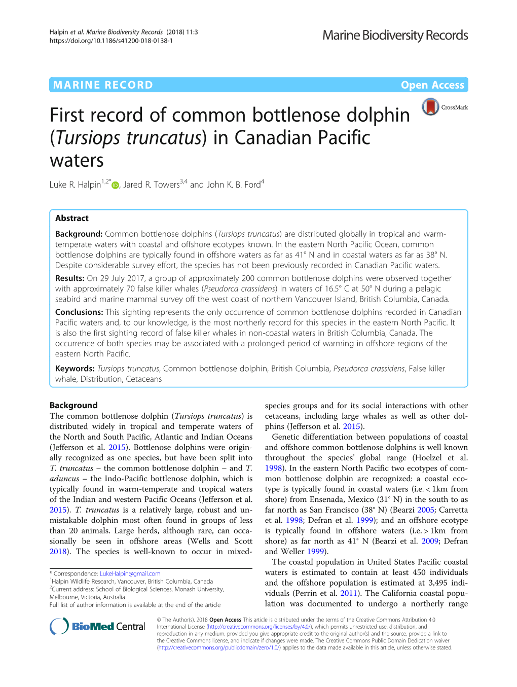 First Record of Common Bottlenose Dolphin (Tursiops Truncatus) in Canadian Pacific Waters Luke R