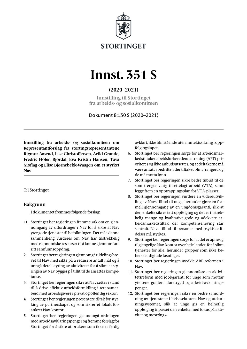 Innst. 351 S (2020–2021) Innstilling Til Stortinget Fra Arbeids- Og Sosialkomiteen