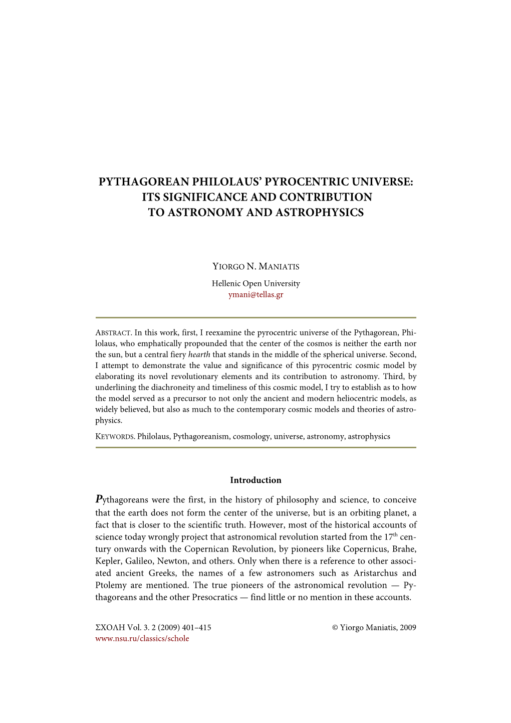 Pythagorean Philolaus' Pyrocentric Universe