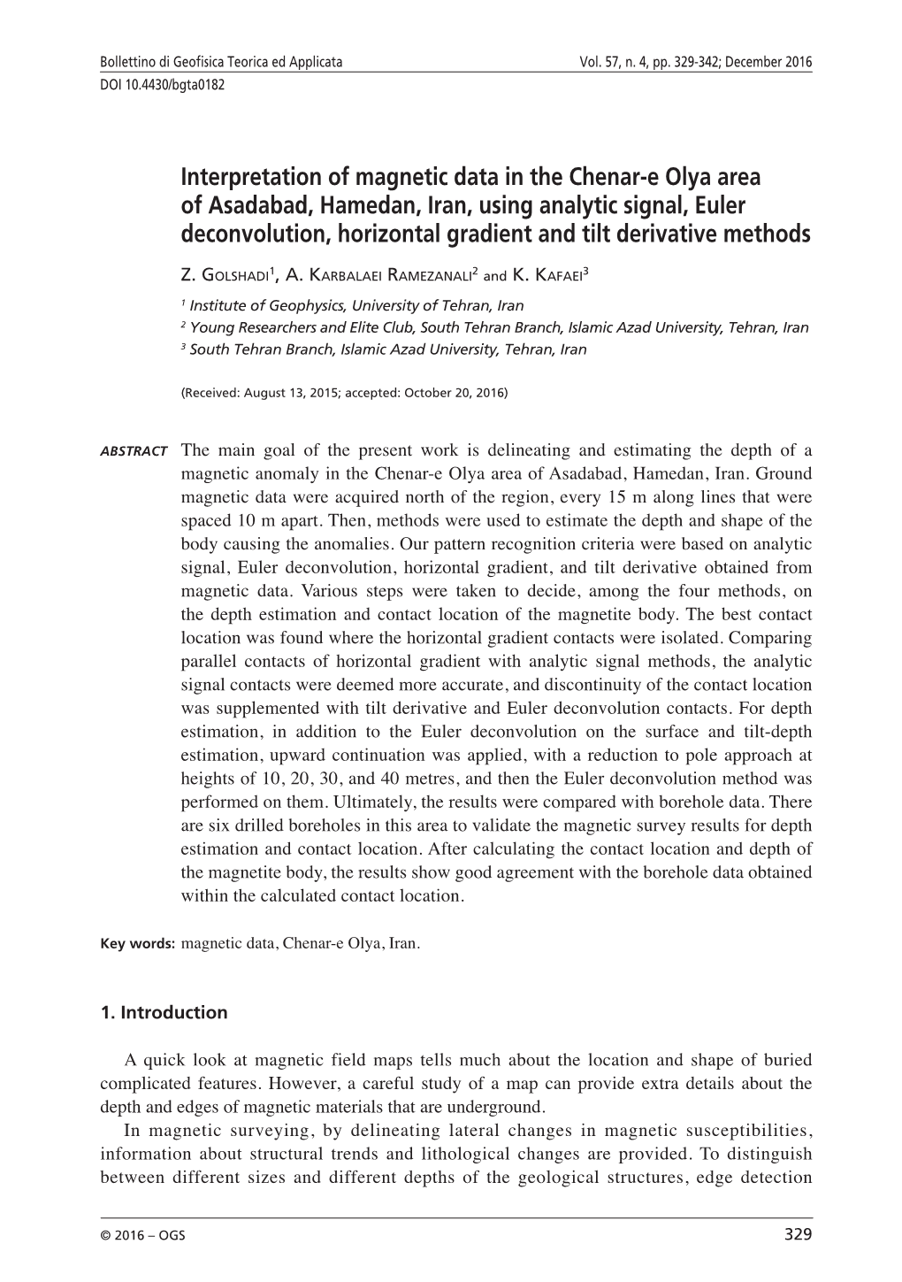 Interpretation of Magnetic Data in the Chenar-E Olya Area of Asadabad