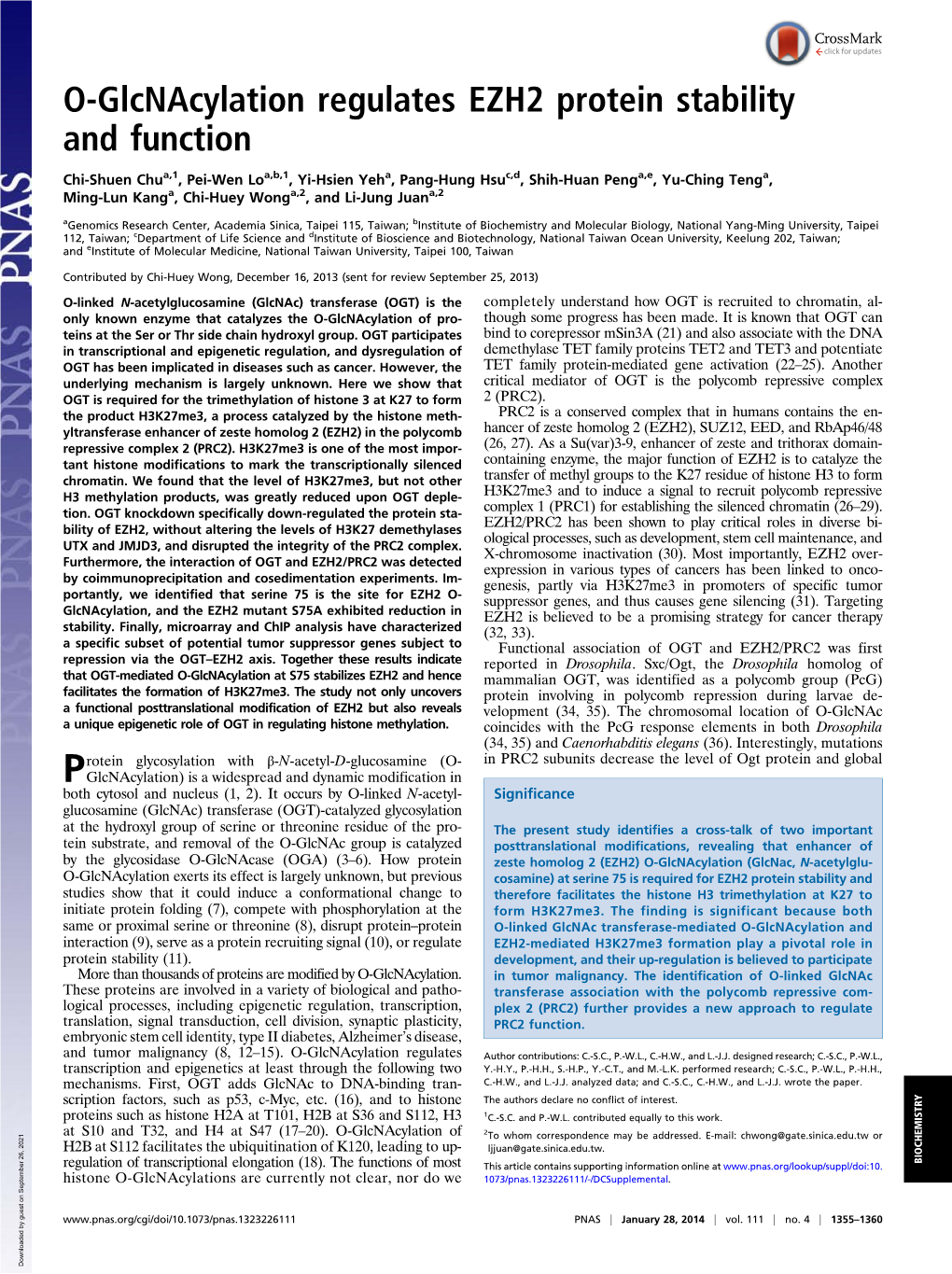 O-Glcnacylation Regulates EZH2 Protein Stability and Function