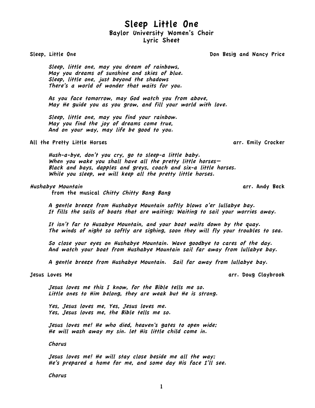 Sleep Little One Baylor University Women’S Choir Lyric Sheet