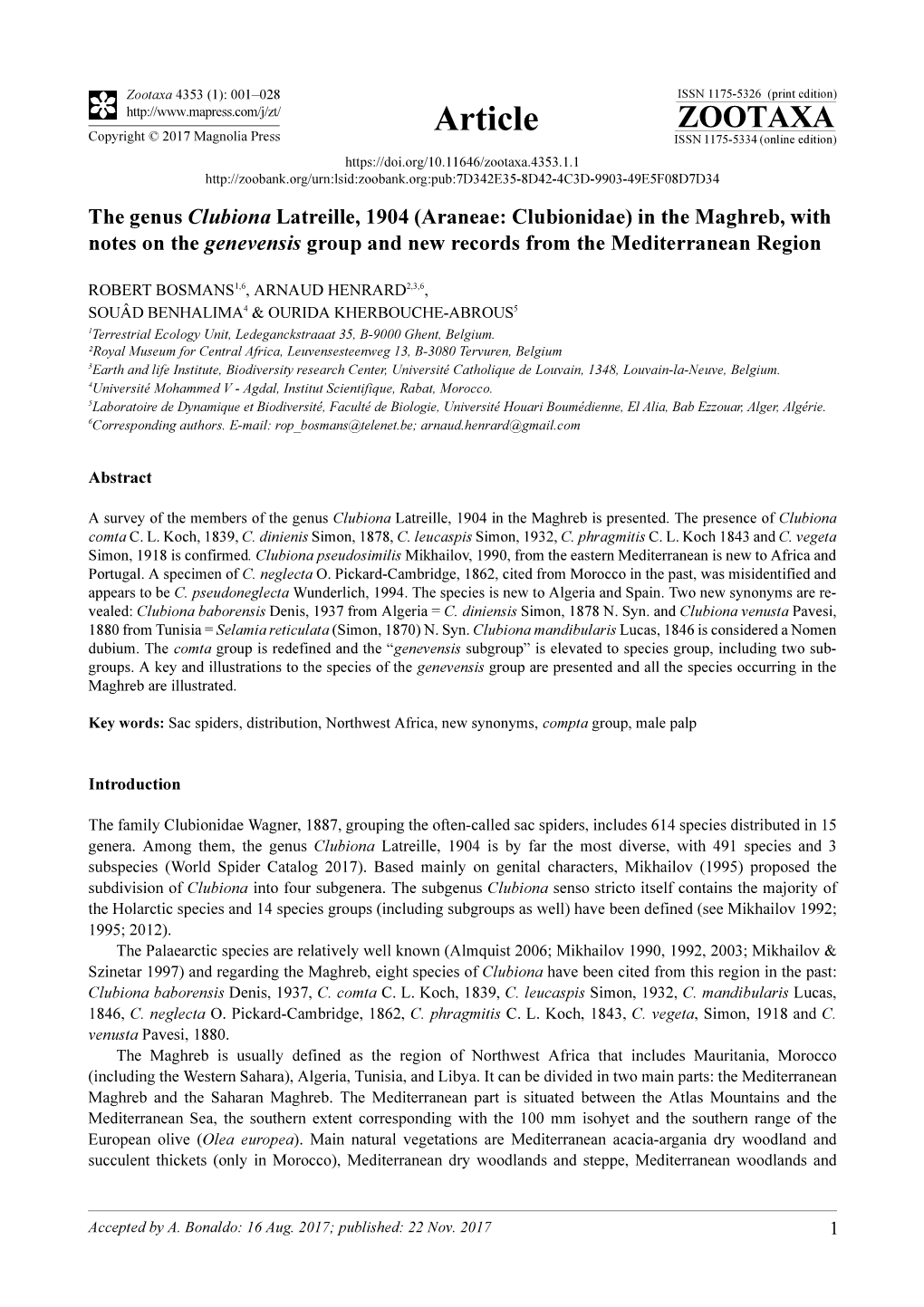 The Genus Clubiona Latreille, 1904 (Araneae: Clubionidae) in the Maghreb, with Notes on the Genevensis Group and New Records from the Mediterranean Region