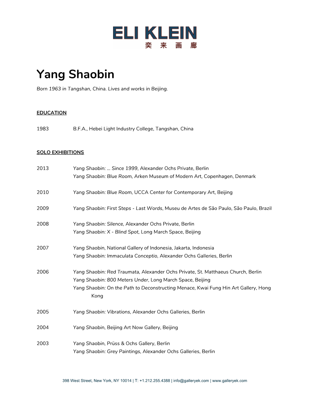 Yang Shaobin Born 1963 in Tangshan, China