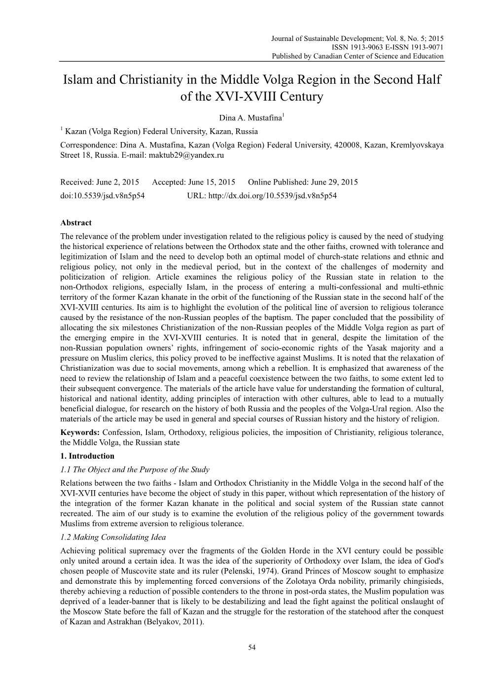 Islam and Christianity in the Middle Volga Region in the Second Half of the XVI-XVIII Century