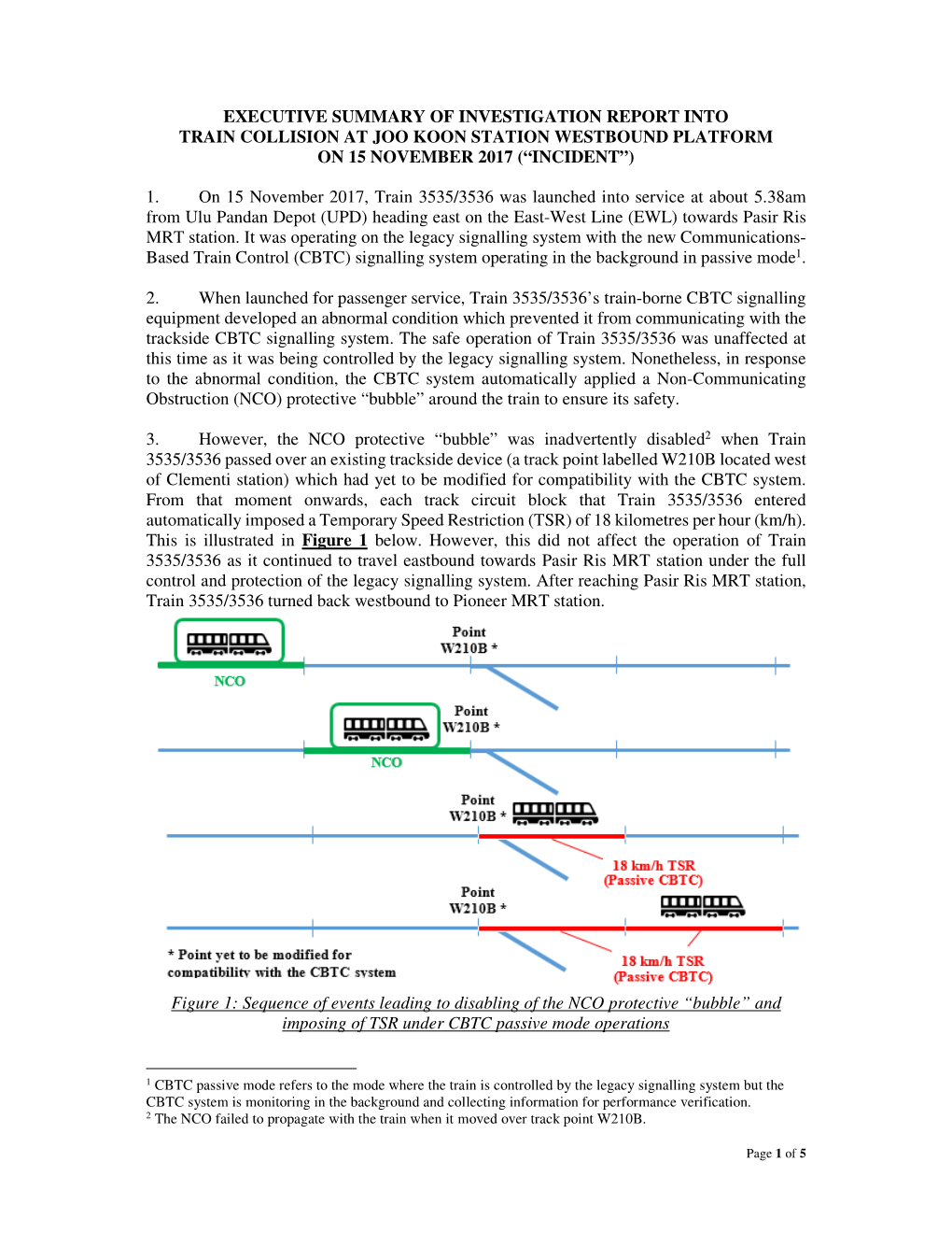 Executive Summary of Investigation Report Into Train Collision at Joo Koon Station Westbound Platform on 15 November 2017 (“Incident”)