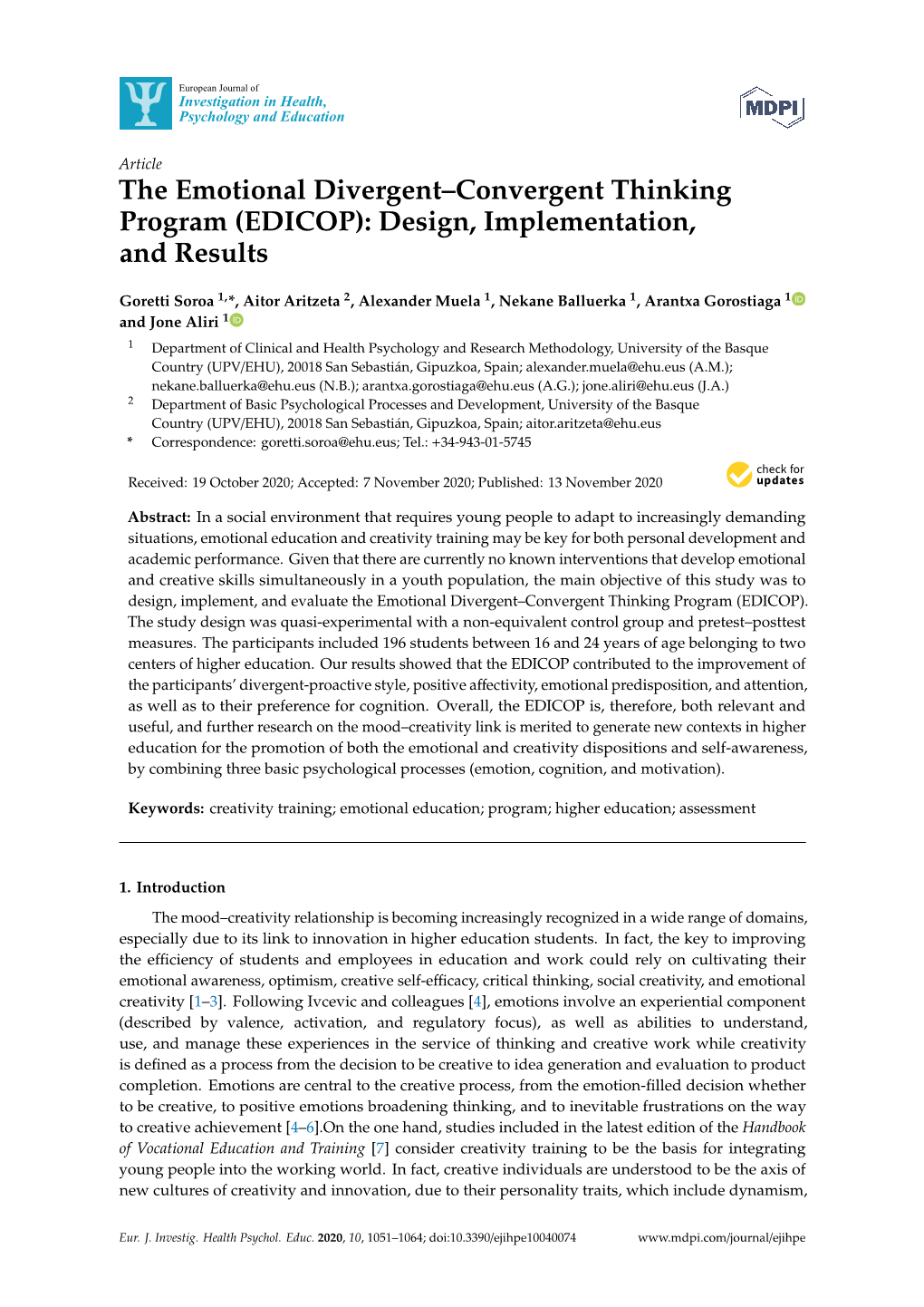 The Emotional Divergent–Convergent Thinking Program (EDICOP): Design, Implementation, and Results