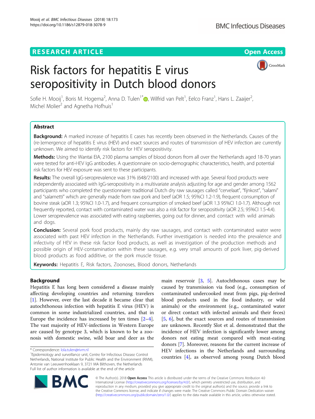 Risk Factors for Hepatitis E Virus Seropositivity in Dutch Blood Donors Sofie H