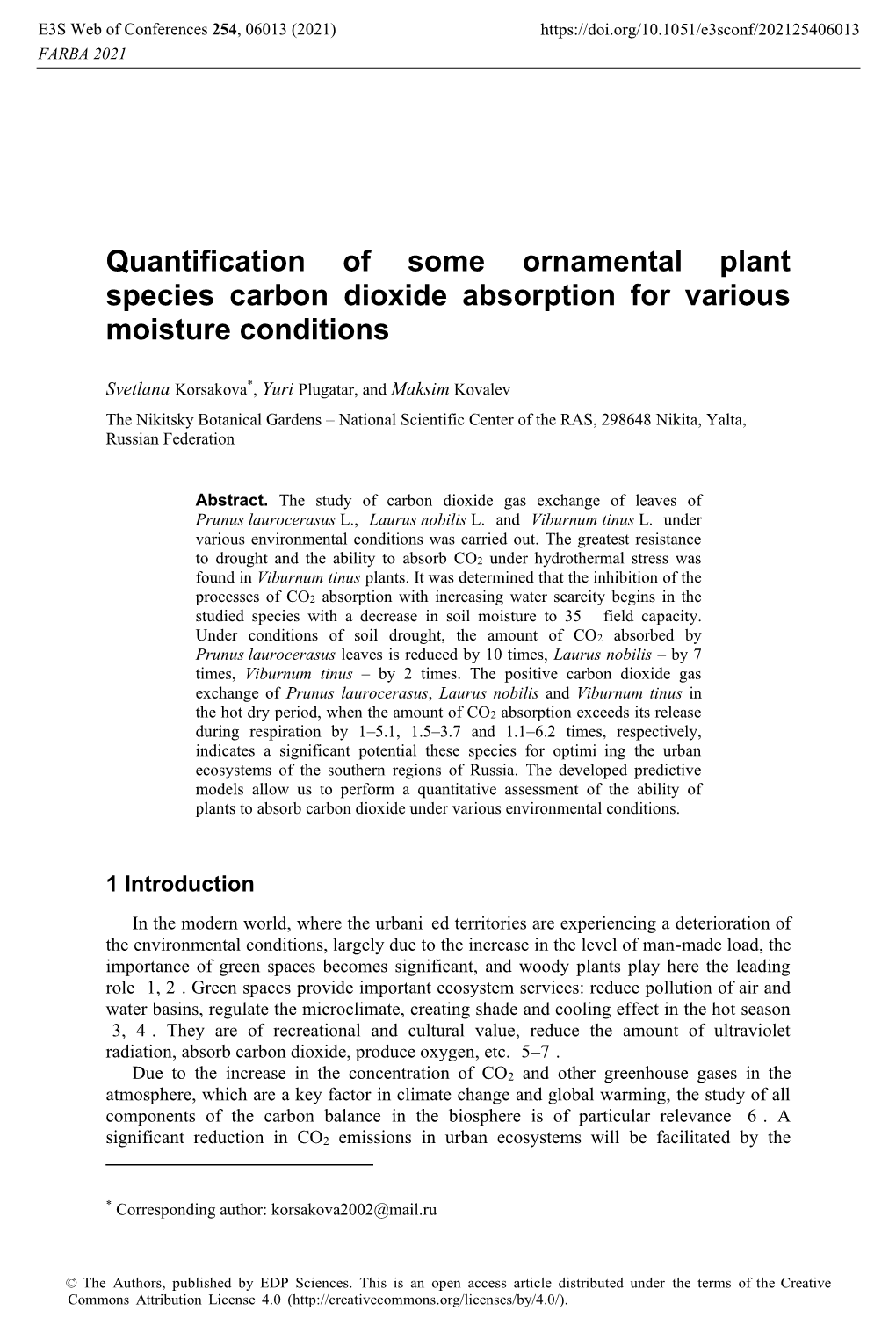 Quantification of Some Ornamental Plant Species Carbon Dioxide Absorption for Various Moisture Conditions