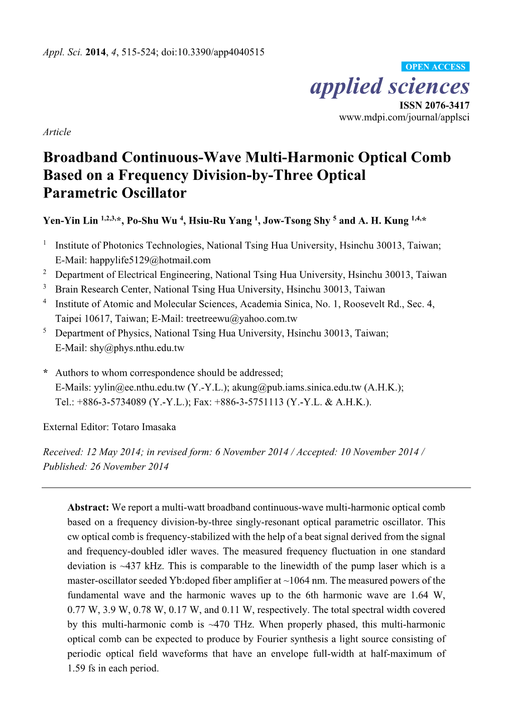 Broadband Continuous-Wave Multi-Harmonic Optical Comb Based on a Frequency Division-By-Three Optical Parametric Oscillator