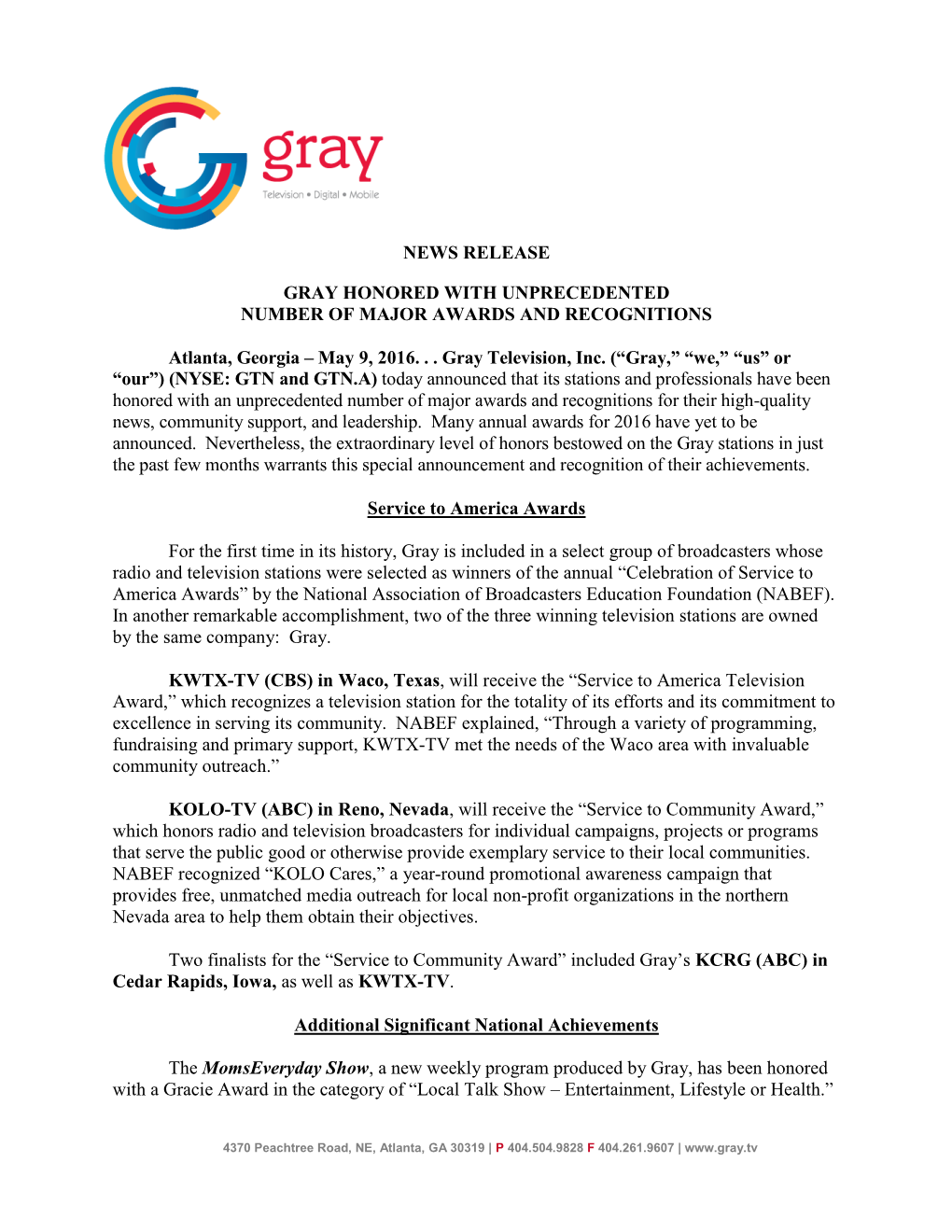 News Release Gray Honored With