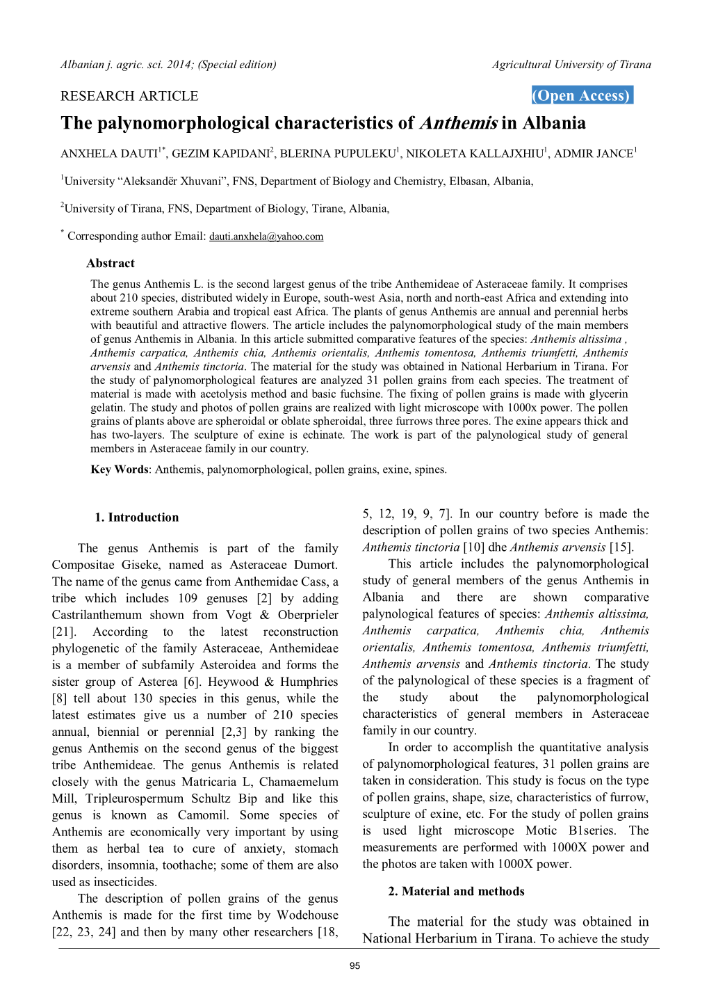 The Palynomorphological Characteristics of Anthemis in Albania