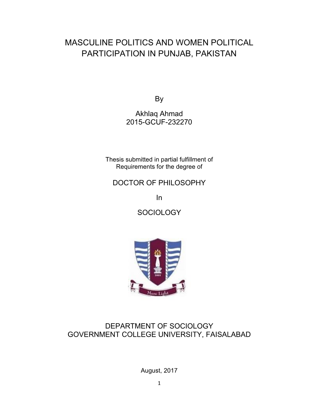 Masculine Politics and Women Political Participation in Punjab, Pakistan