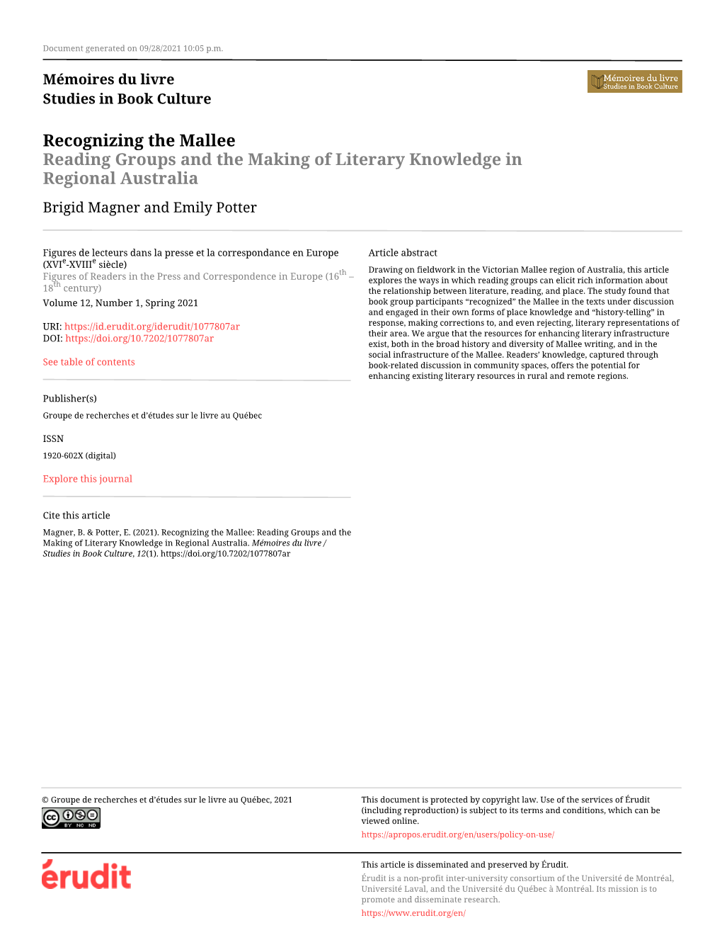 Recognizing the Mallee: Reading Groups and the Making of Literary Knowledge in Regional Australia