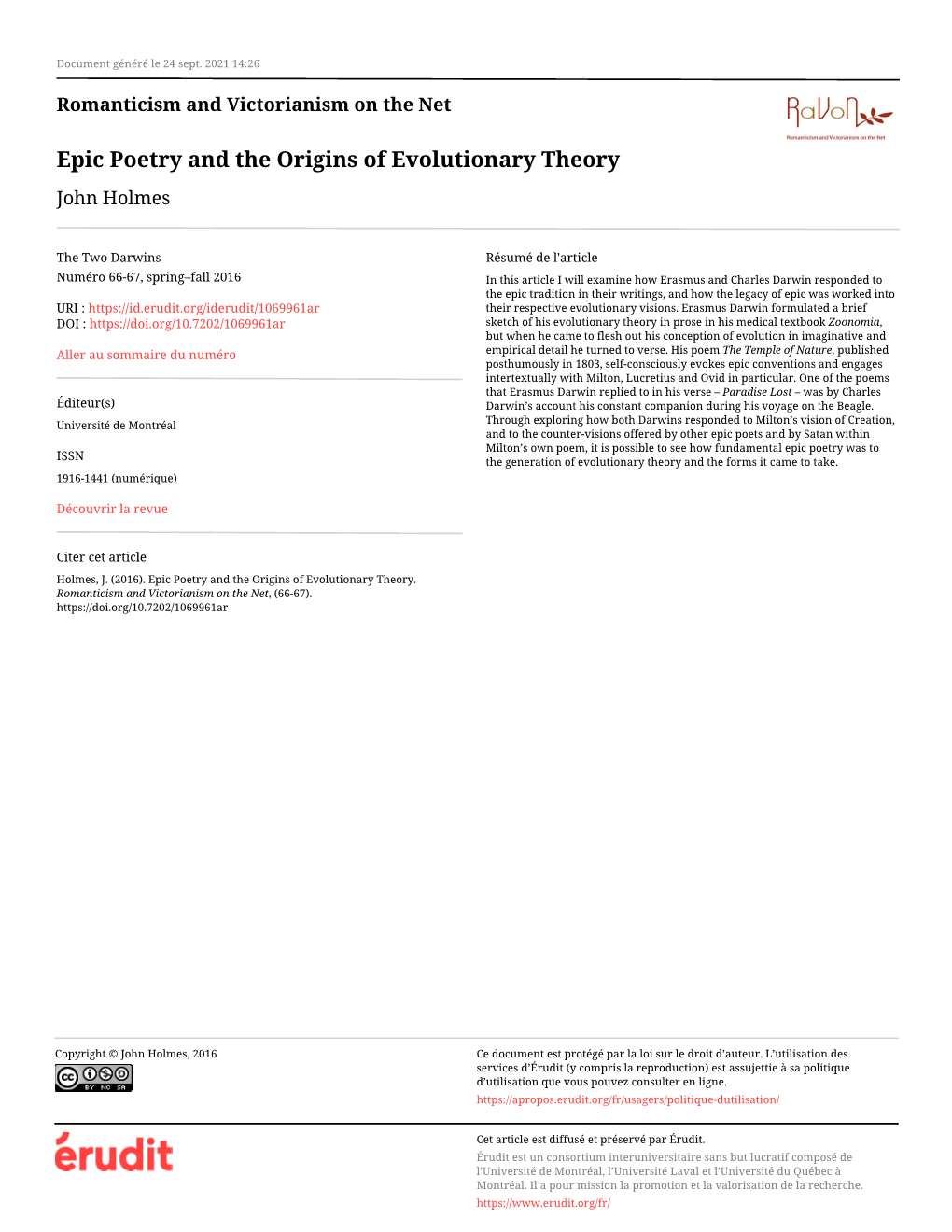 Epic Poetry and the Origins of Evolutionary Theory John Holmes