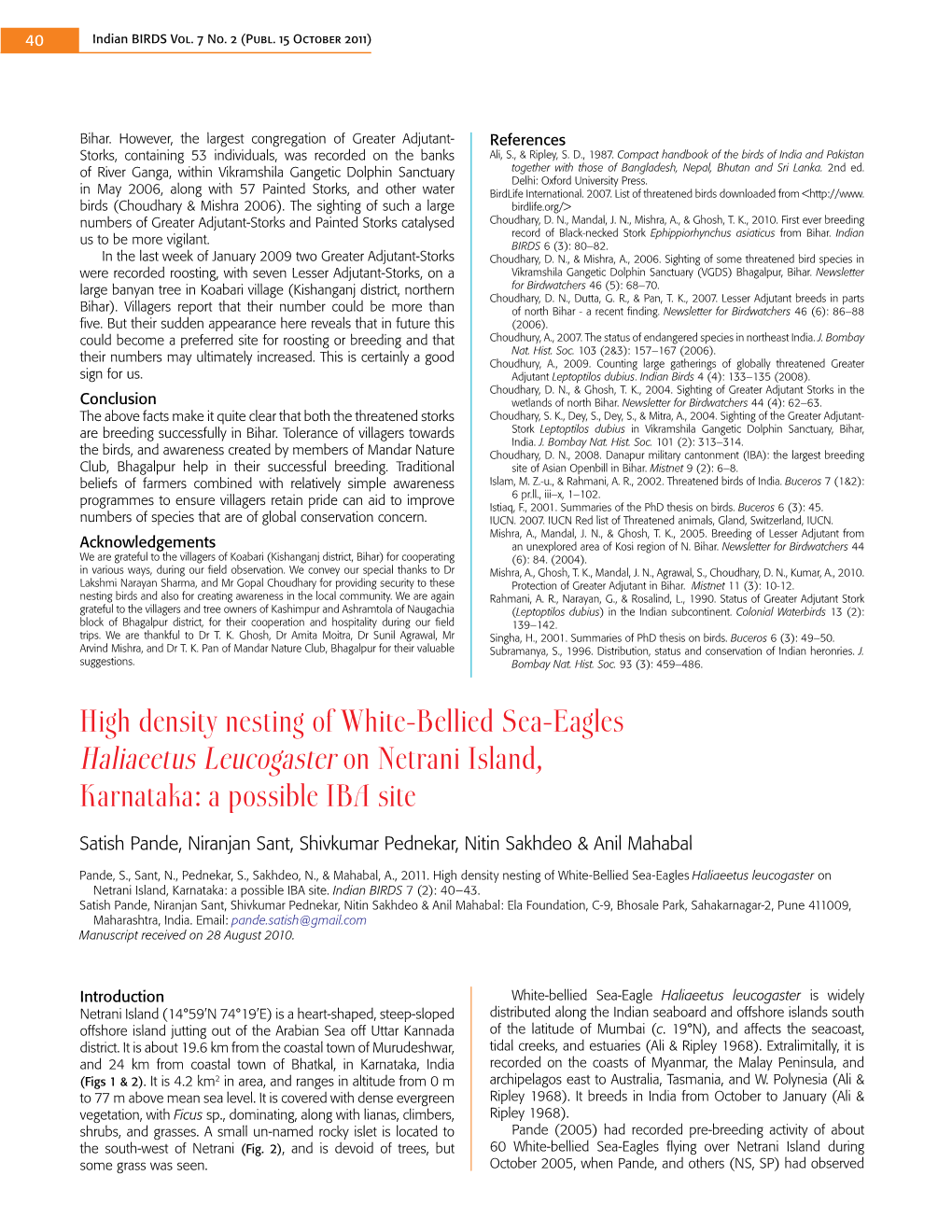 High Density Nesting of White-Bellied Sea-Eagles Haliaeetus Leucogaster on Netrani Island, Karnataka: a Possible IBA Site