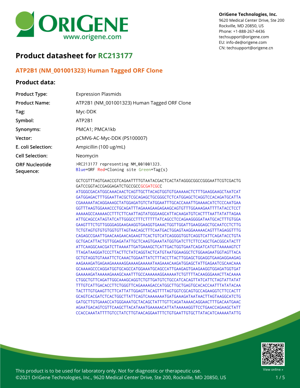 ATP2B1 (NM 001001323) Human Tagged ORF Clone Product Data