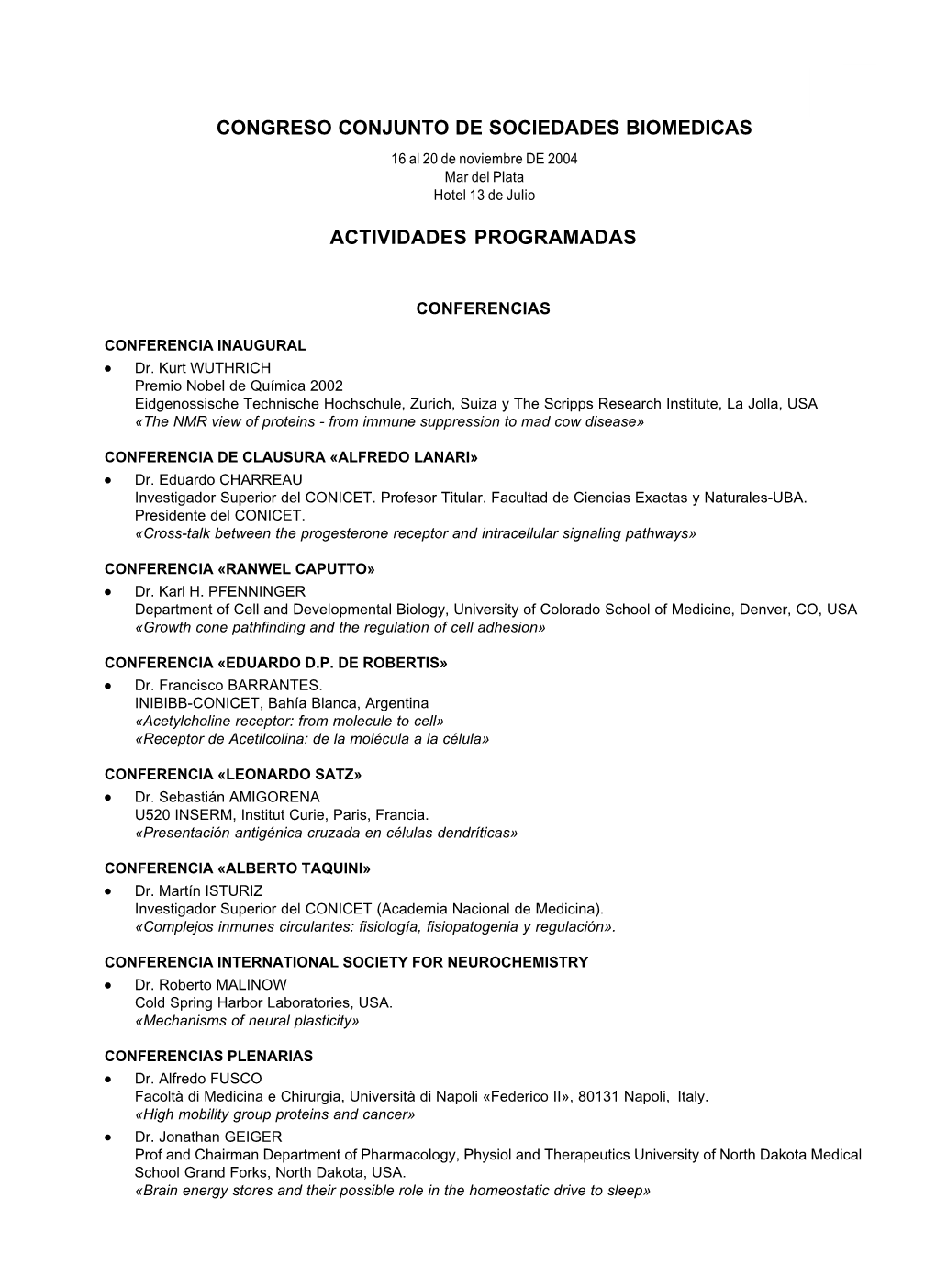 Actividades Programadas Congreso Conjunto De