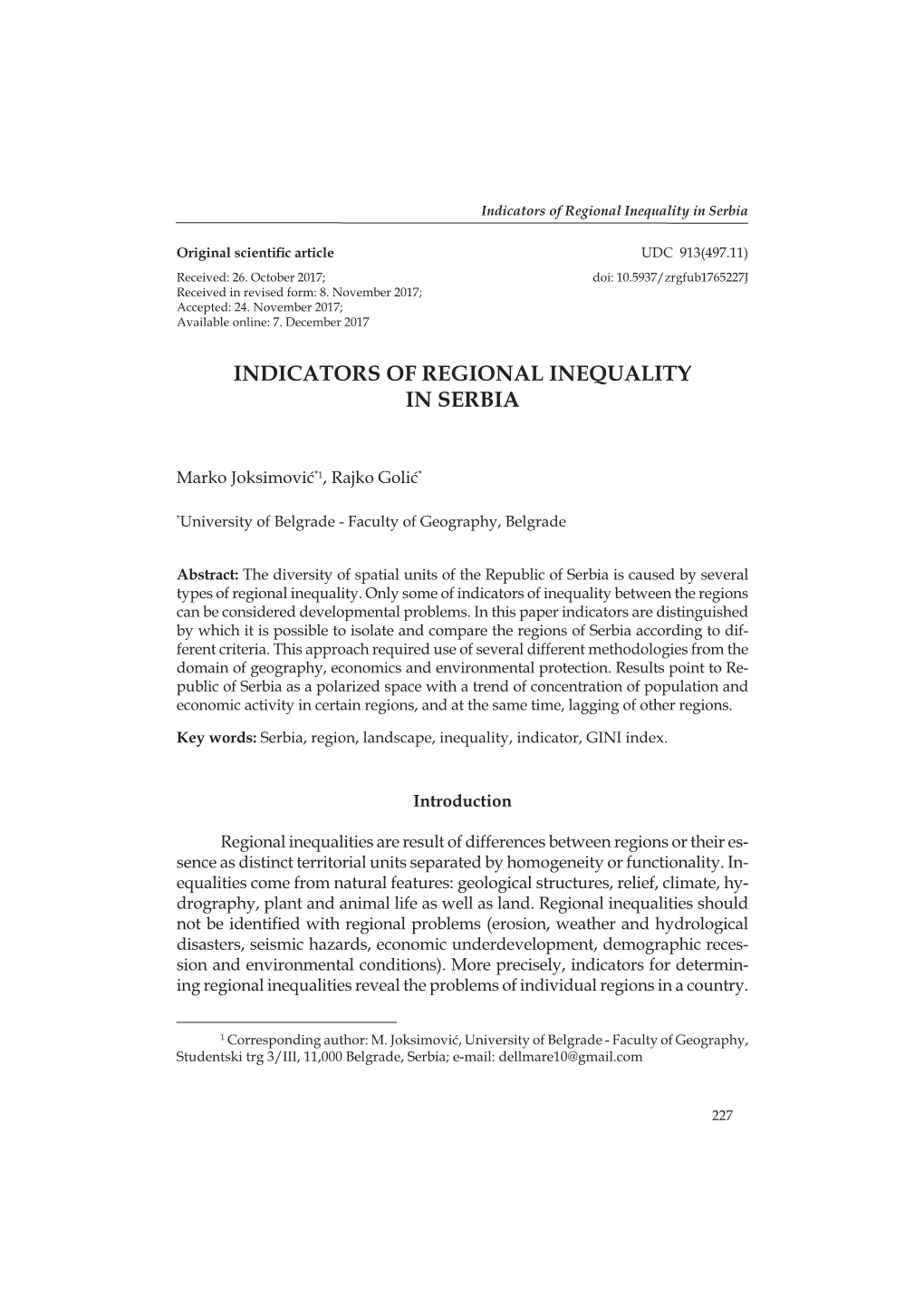 Indicators of Regional Inequality in Serbia
