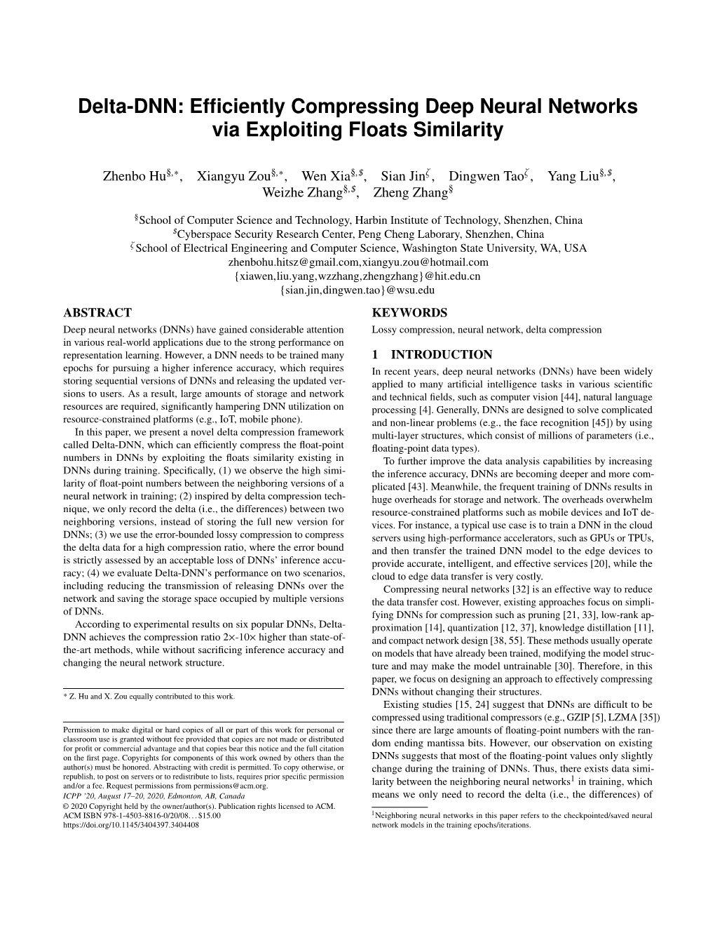 Delta-DNN: Efficiently Compressing Deep Neural Networks Via Exploiting Floats Similarity