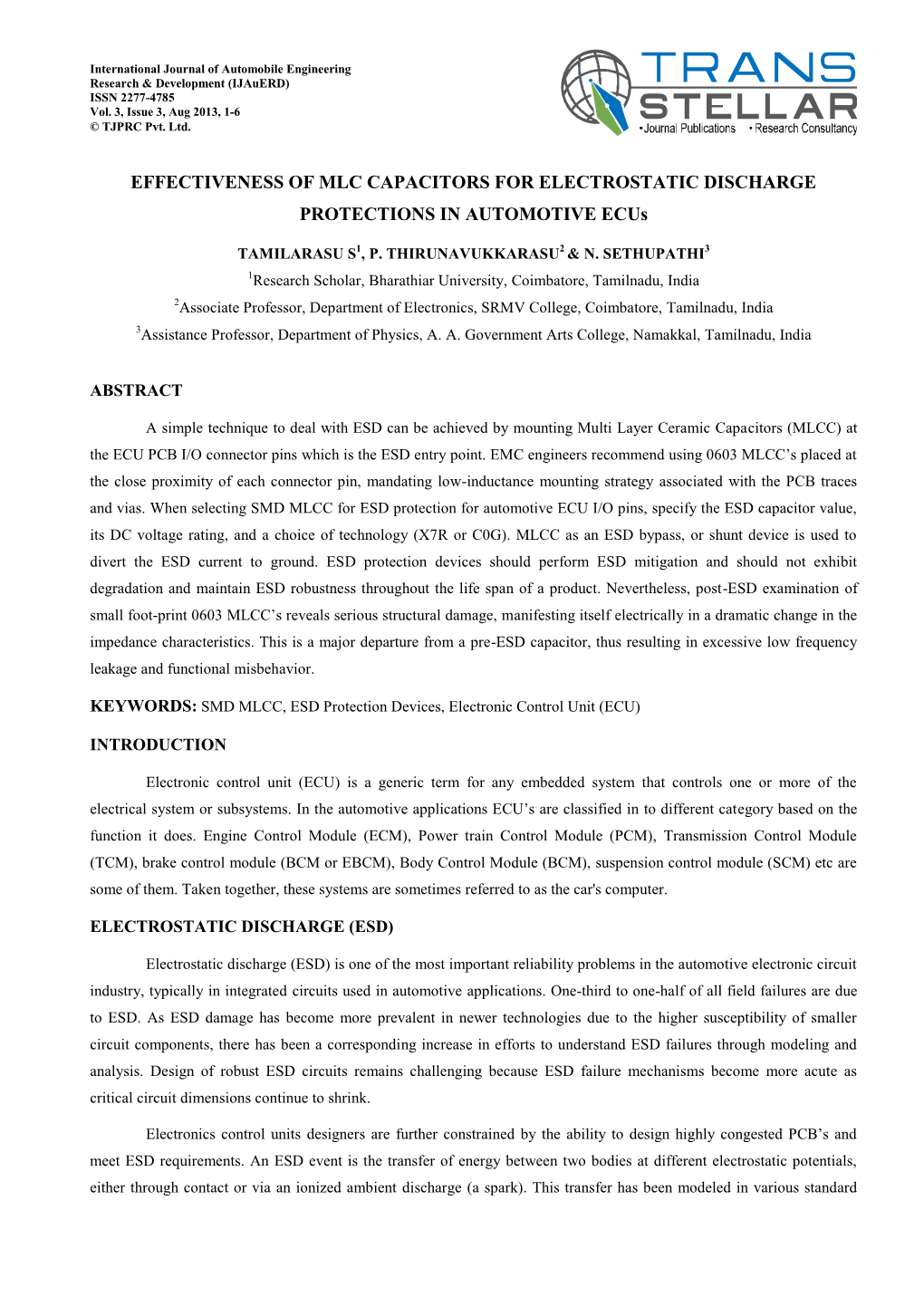 EFFECTIVENESS of MLC CAPACITORS for ELECTROSTATIC DISCHARGE PROTECTIONS in AUTOMOTIVE Ecus