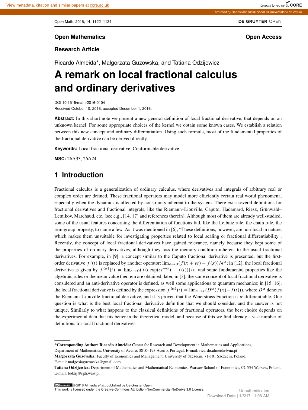 A Remark on Local Fractional Calculus and Ordinary Derivatives